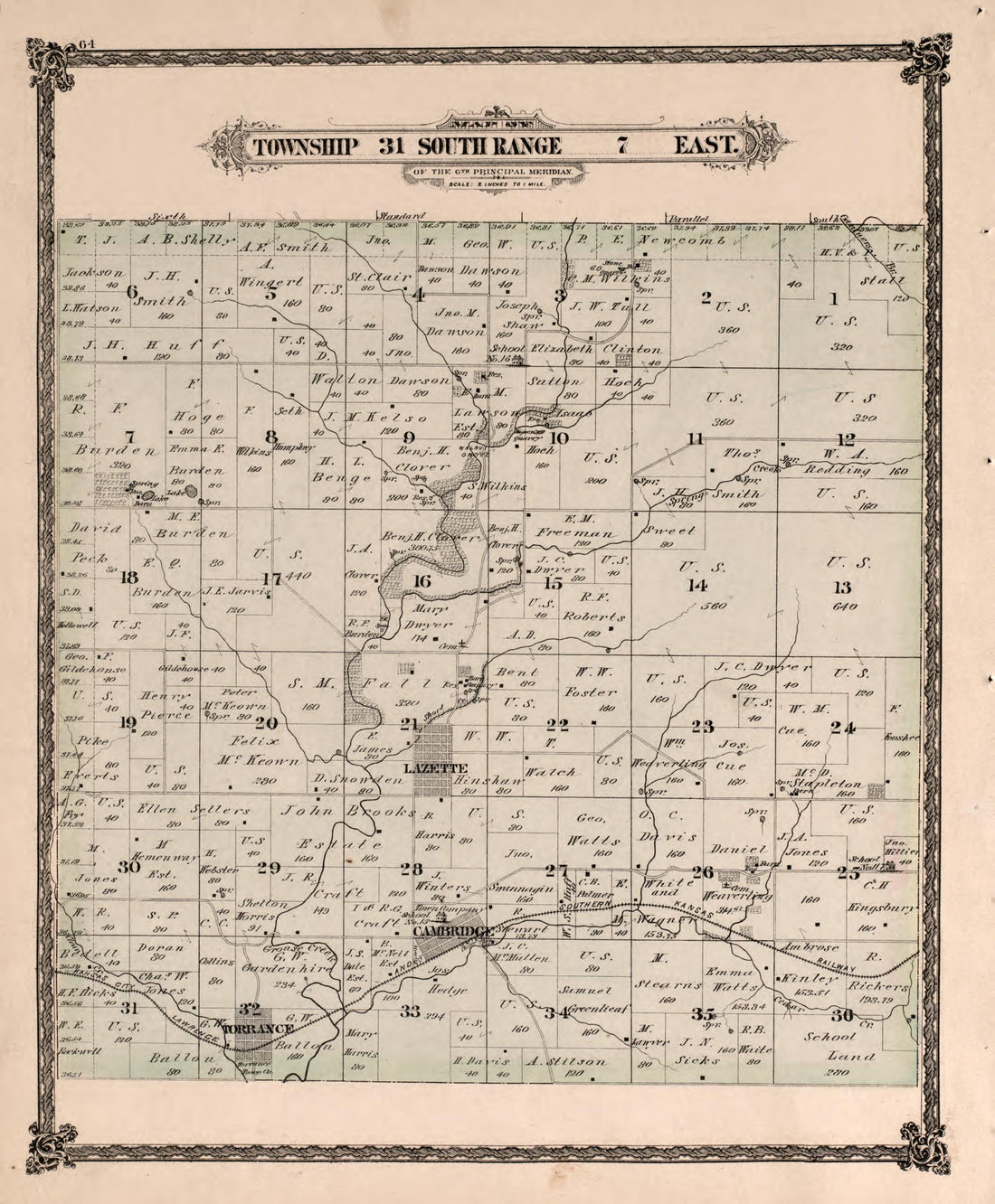 Township 31 South Range 7 East from Historical Atlas of Cowley County, Kansas 1882 by Relic Map Company