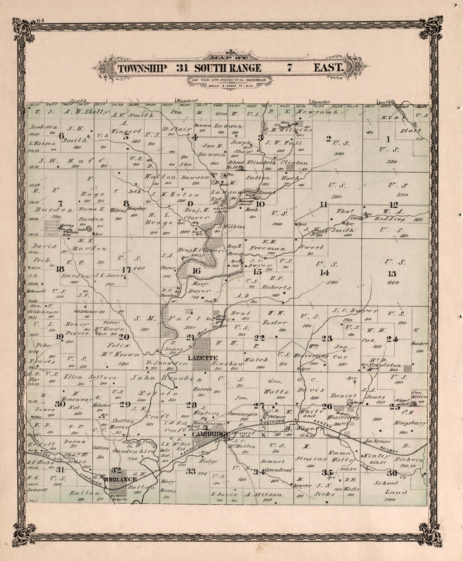 Township 31 South Range 7 East from Historical Atlas of Cowley County, Kansas 1882 by Relic Map Company