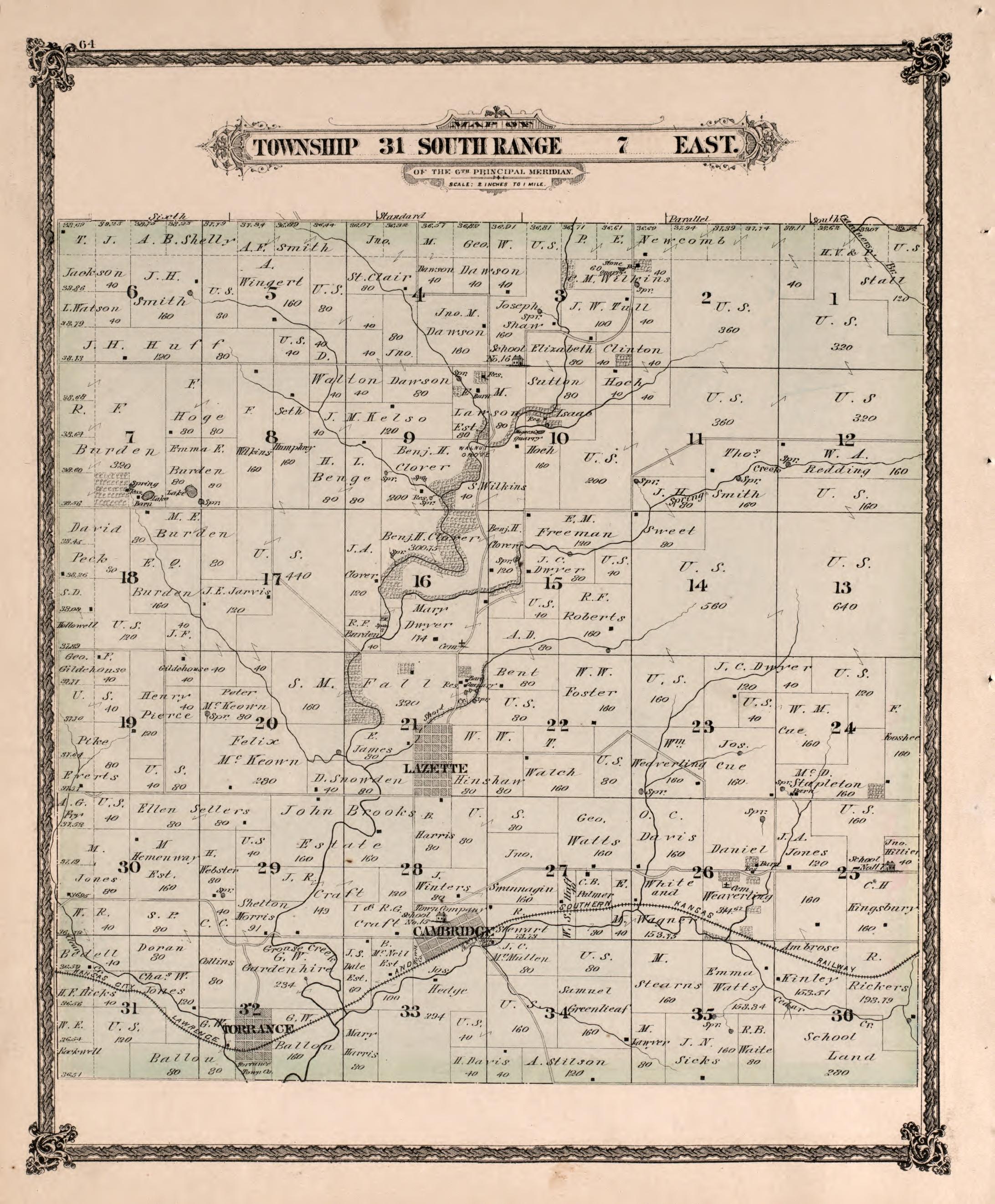 Township 31 South Range 7 East from Historical Atlas of Cowley County, Kansas 1882 by Relic Map Company