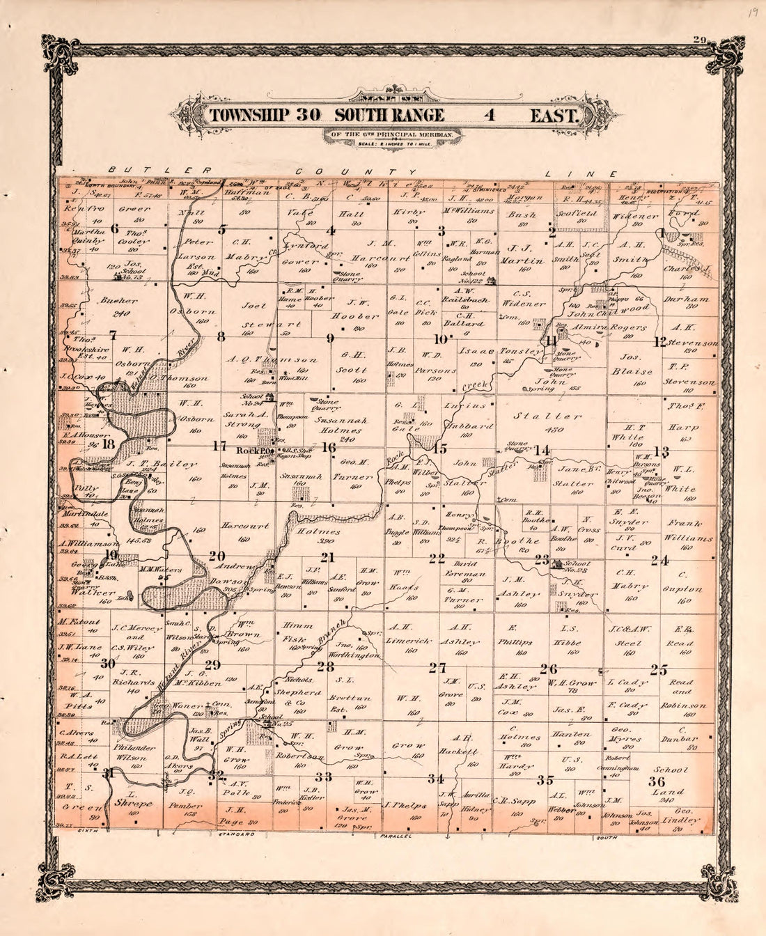 Township 30 South Range 4 East from Historical Atlas of Cowley County, Kansas 1882 by Relic Map Company