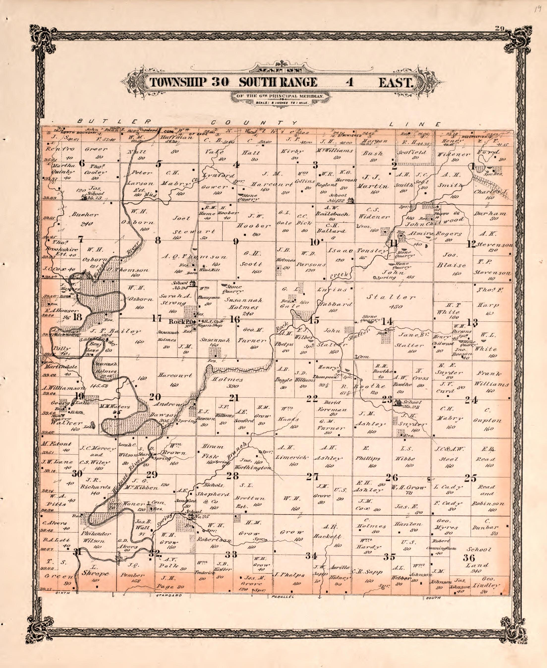 Township 30 South Range 4 East from Historical Atlas of Cowley County, Kansas 1882 by Relic Map Company