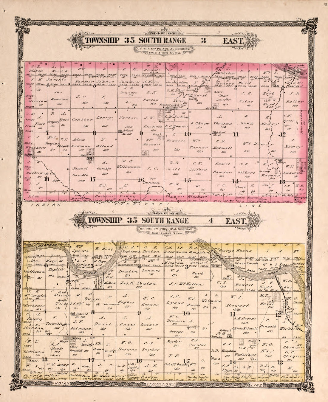Township 35 South Range 3 and 4 East from Historical Atlas of Cowley County, Kansas 1882 by Relic Map Company