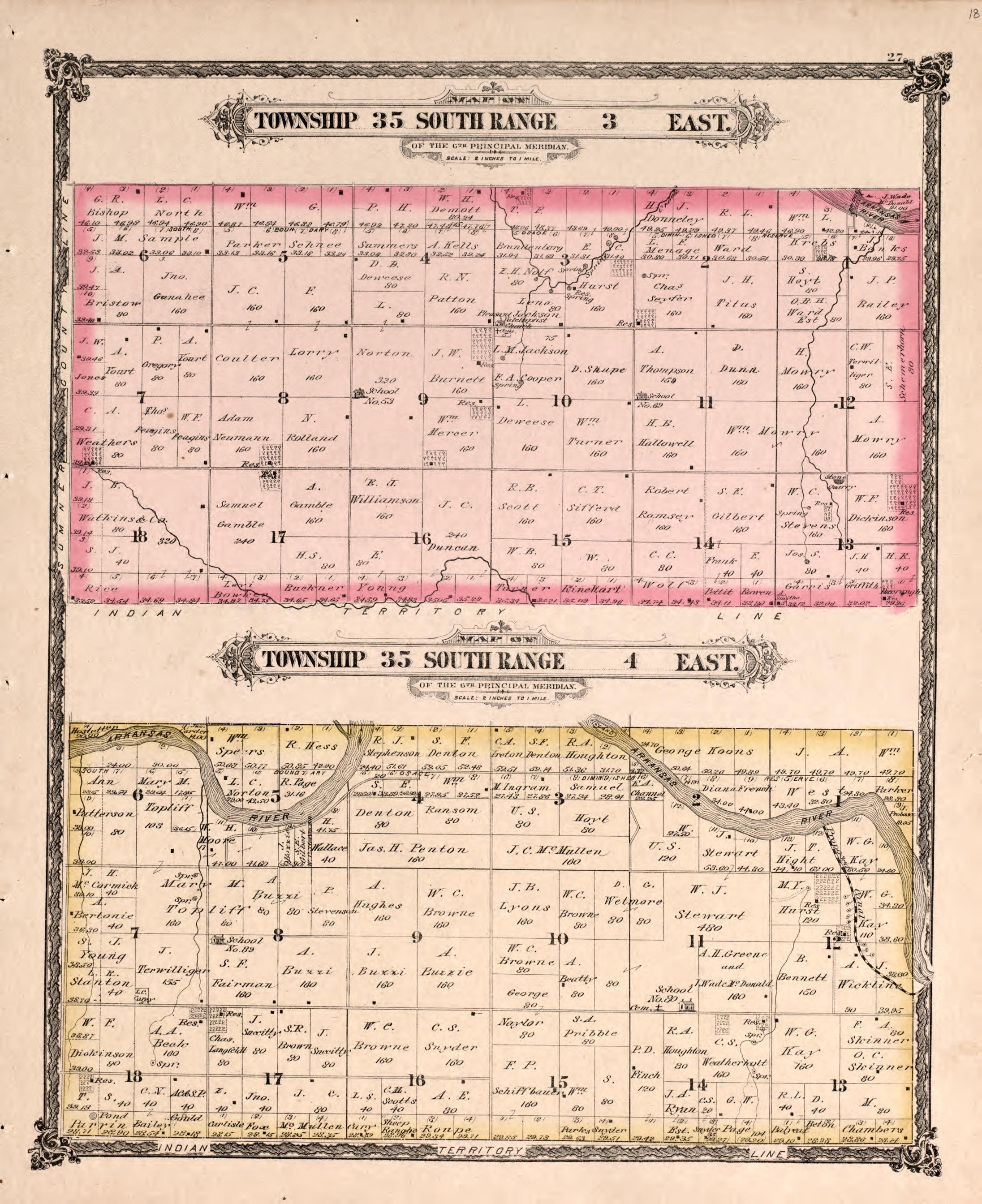 Township 35 South Range 3 and 4 East from Historical Atlas of Cowley County, Kansas 1882 by Relic Map Company