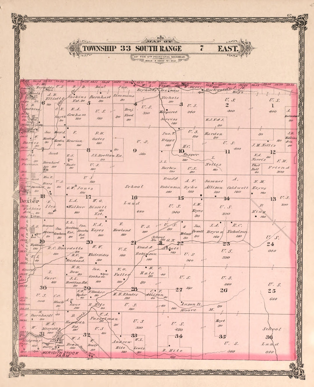 Township 33 South Range 7 East from Historical Atlas of Cowley County, Kansas 1882 by Relic Map Company