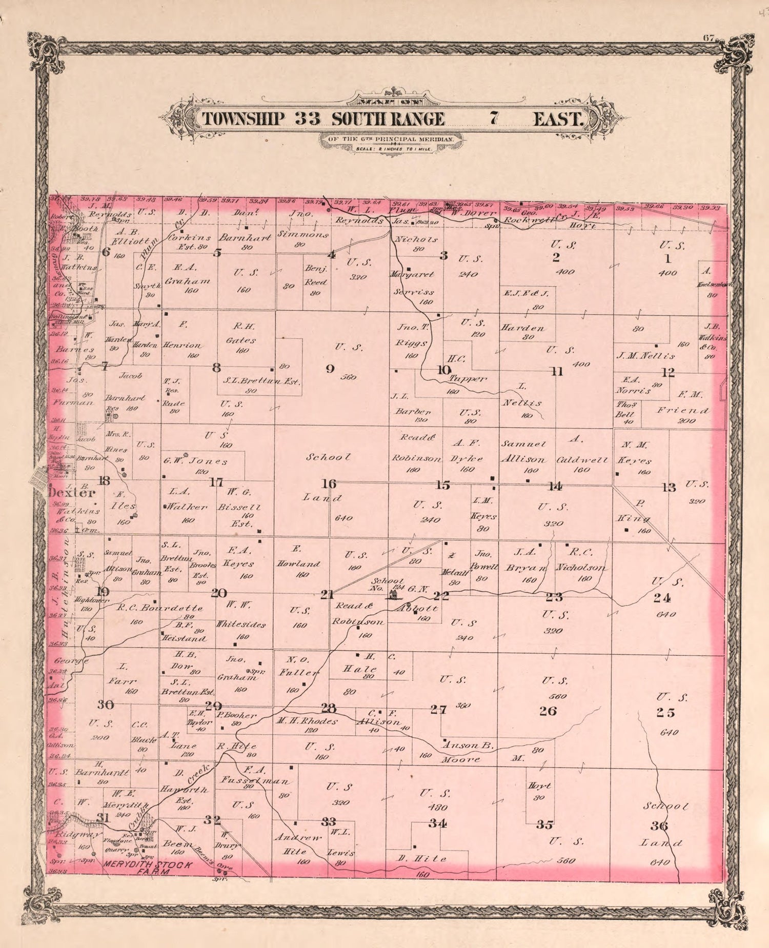 Township 33 South Range 7 East from Historical Atlas of Cowley County, Kansas 1882 by Relic Map Company