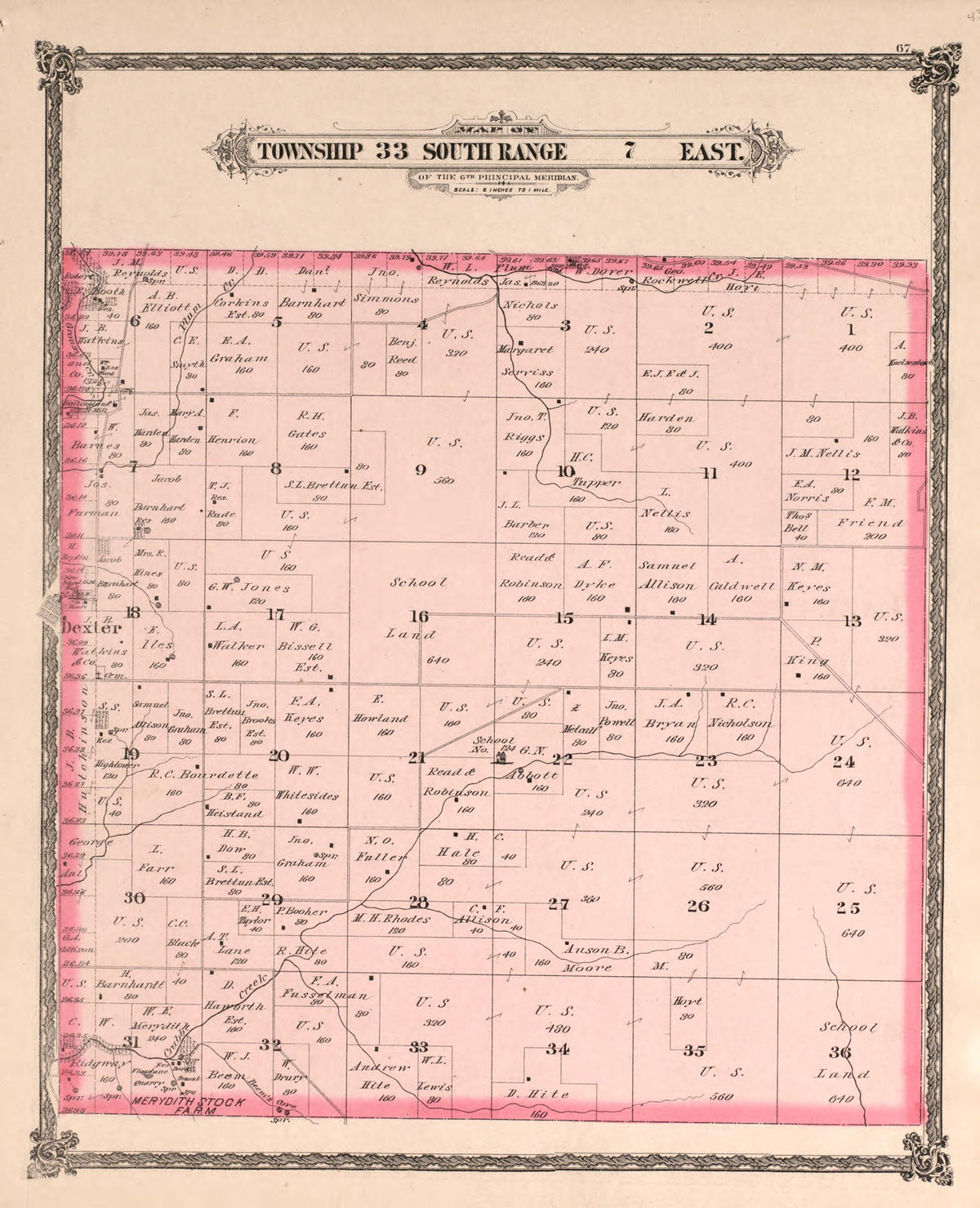 Township 33 South Range 7 East from Historical Atlas of Cowley County, Kansas 1882 by Relic Map Company