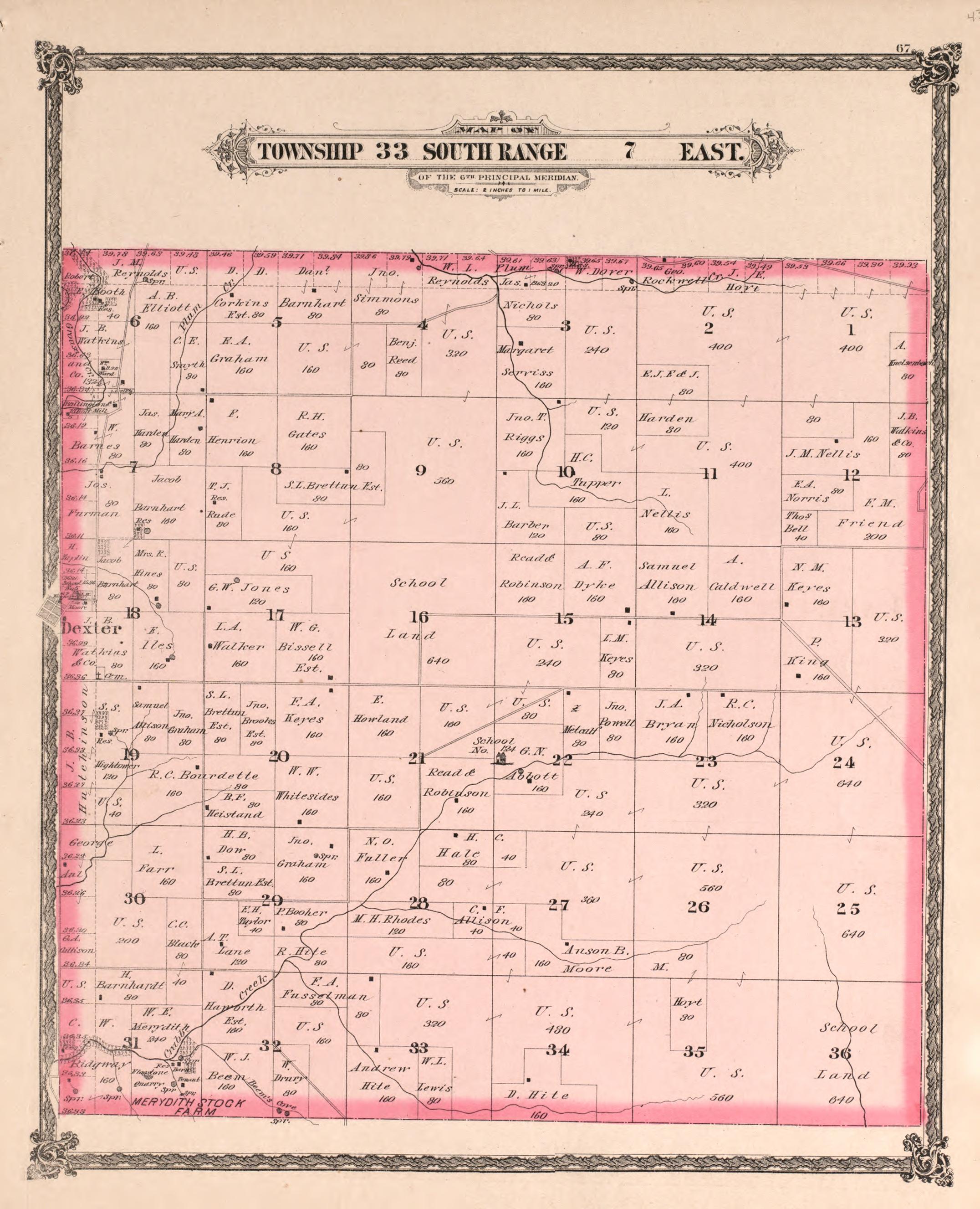 Township 33 South Range 7 East from Historical Atlas of Cowley County, Kansas 1882 by Relic Map Company