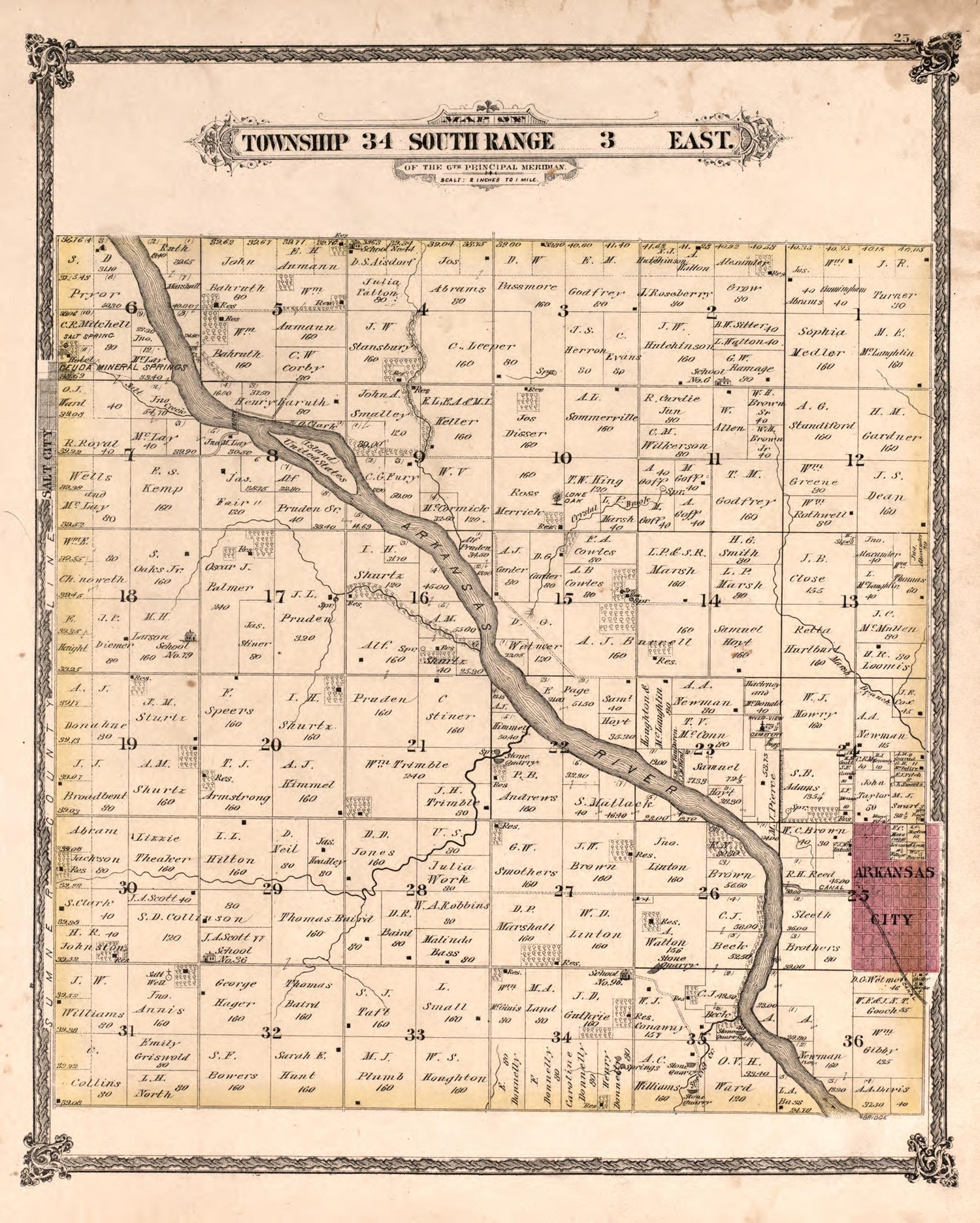 Township 34 South Range 3 and 4 East from Historical Atlas of Cowley County, Kansas 1882 by Relic Map Company