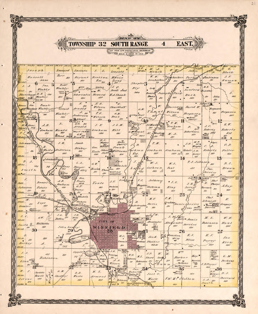 Township 32 South Range 4 East from Historical Atlas of Cowley County, Kansas 1882 by Relic Map Company