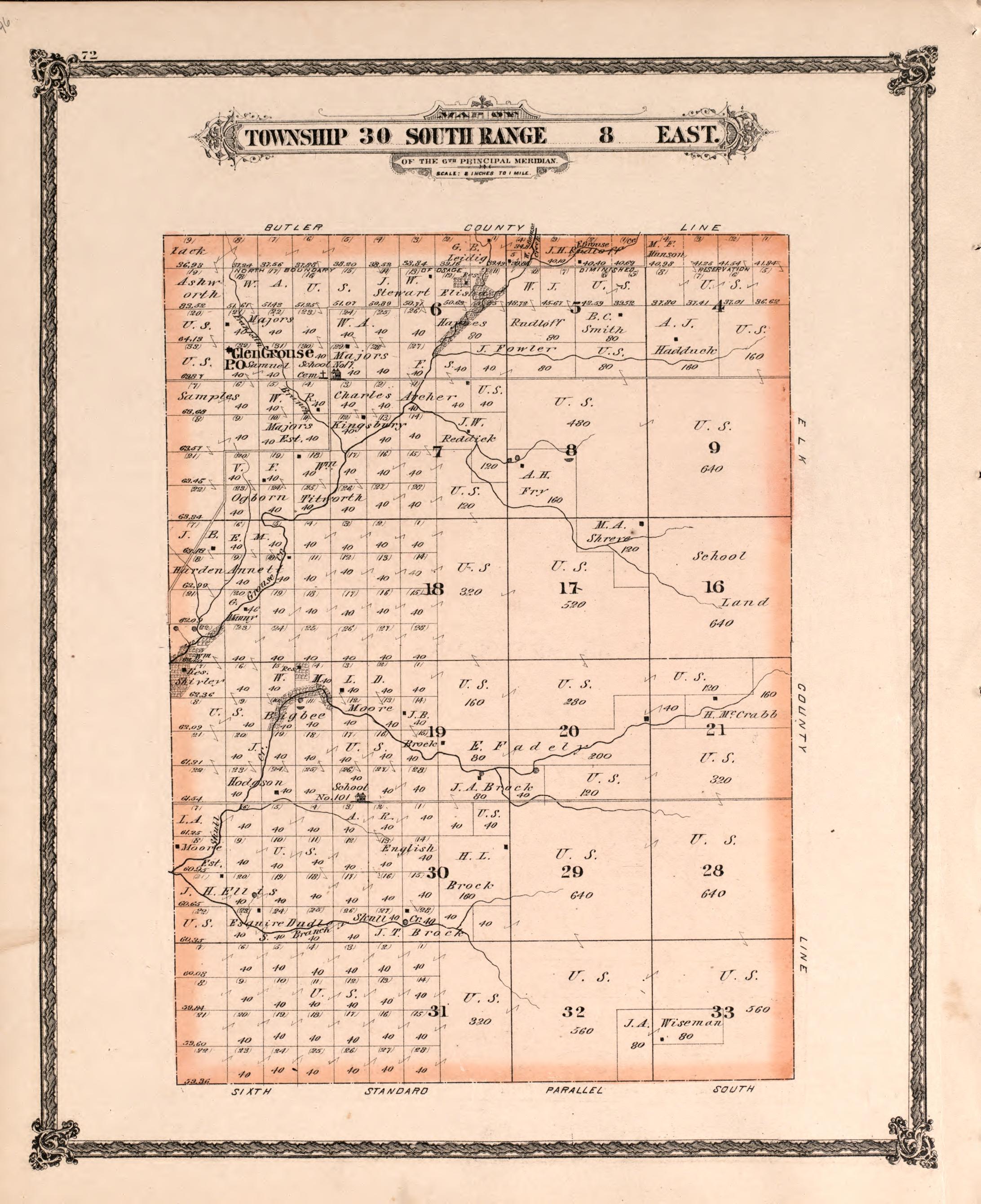Township 30 South Range 8 East from Historical Atlas of Cowley County, Kansas 1882 by Relic Map Company