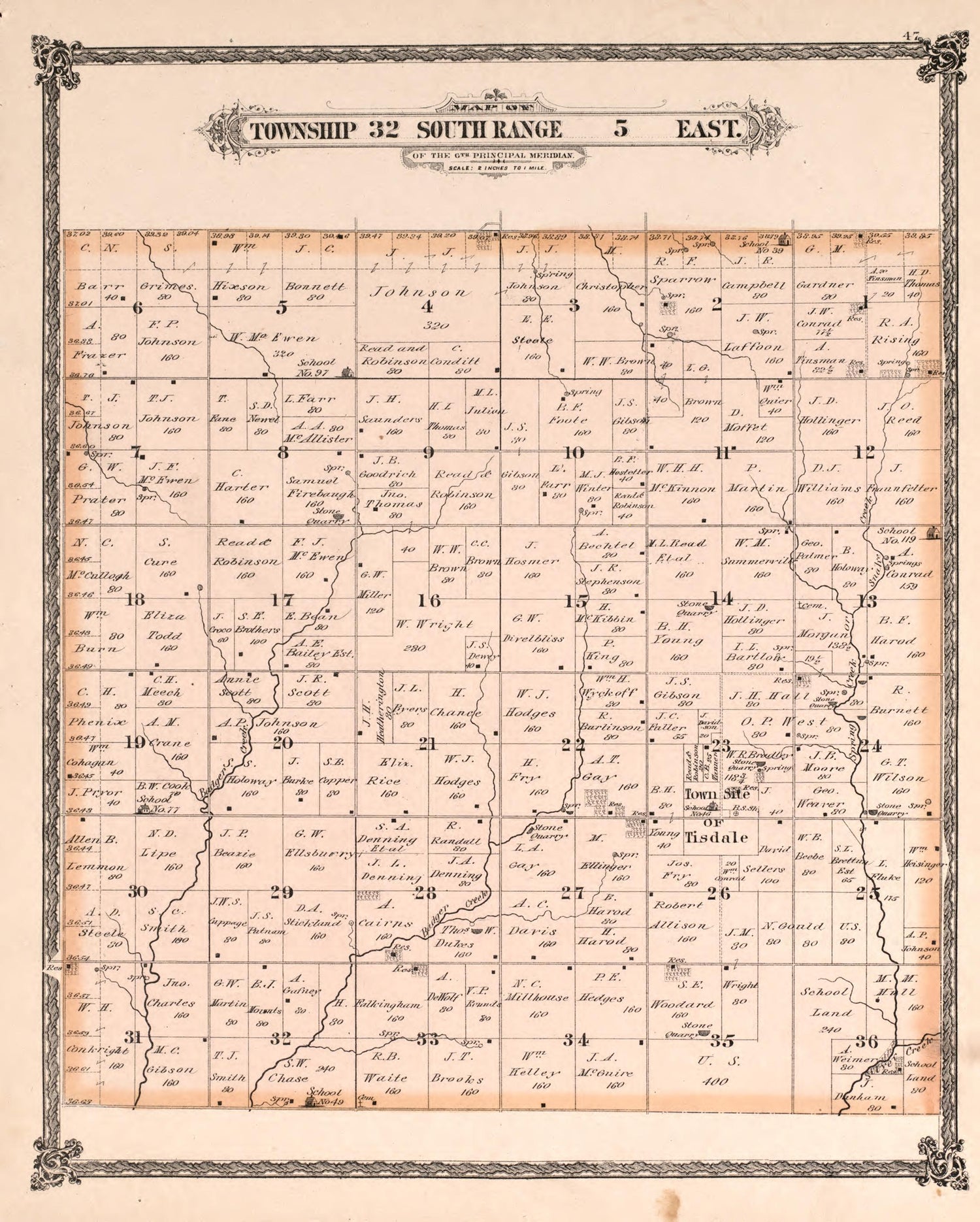 Township 32 South Range 5 East from Historical Atlas of Cowley County, Kansas 1882 by Relic Map Company