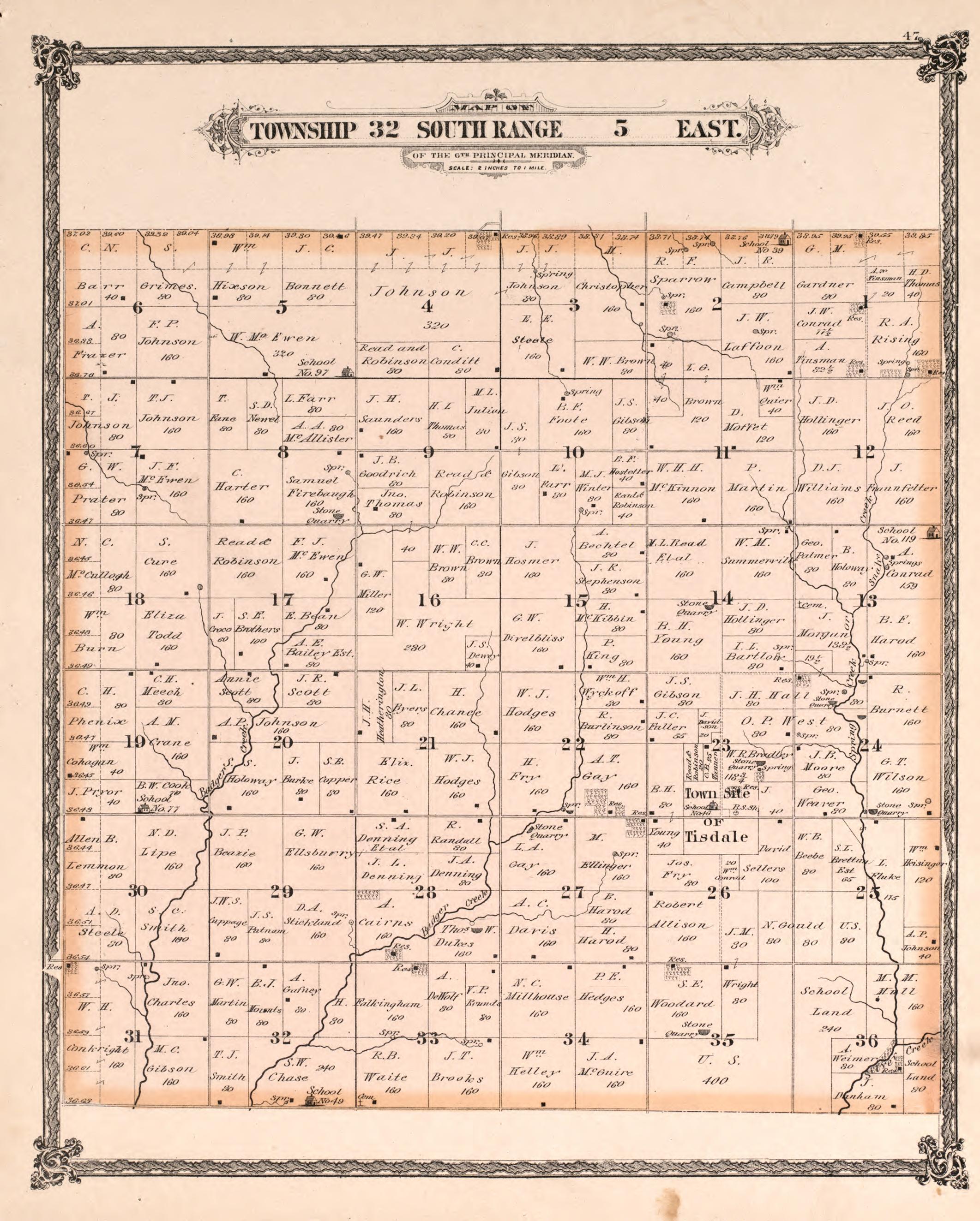 Township 32 South Range 5 East from Historical Atlas of Cowley County, Kansas 1882 by Relic Map Company