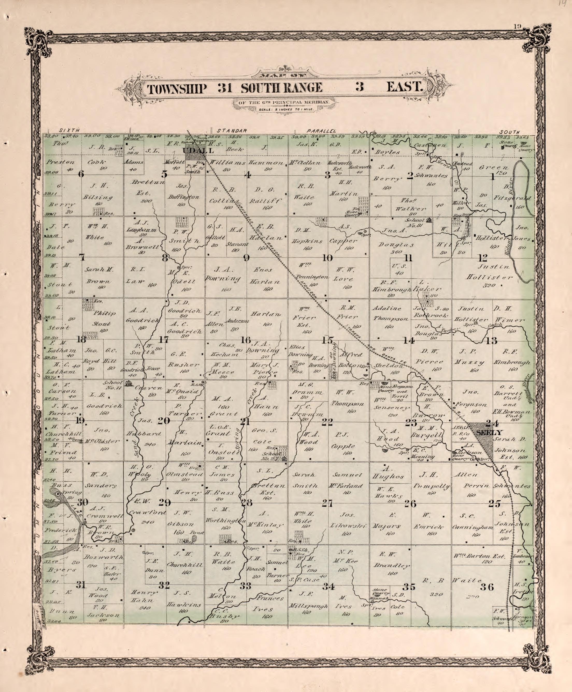 Township 31 South Range 3 East from Historical Atlas of Cowley County, Kansas 1882 by Relic Map Company