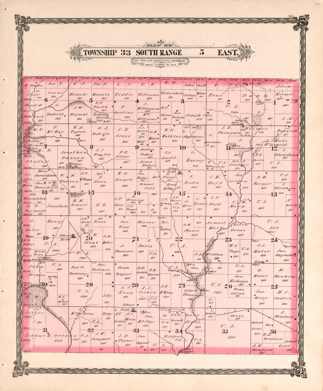Township 33 South Range 5 East from Historical Atlas of Cowley County, Kansas 1882 by Relic Map Company