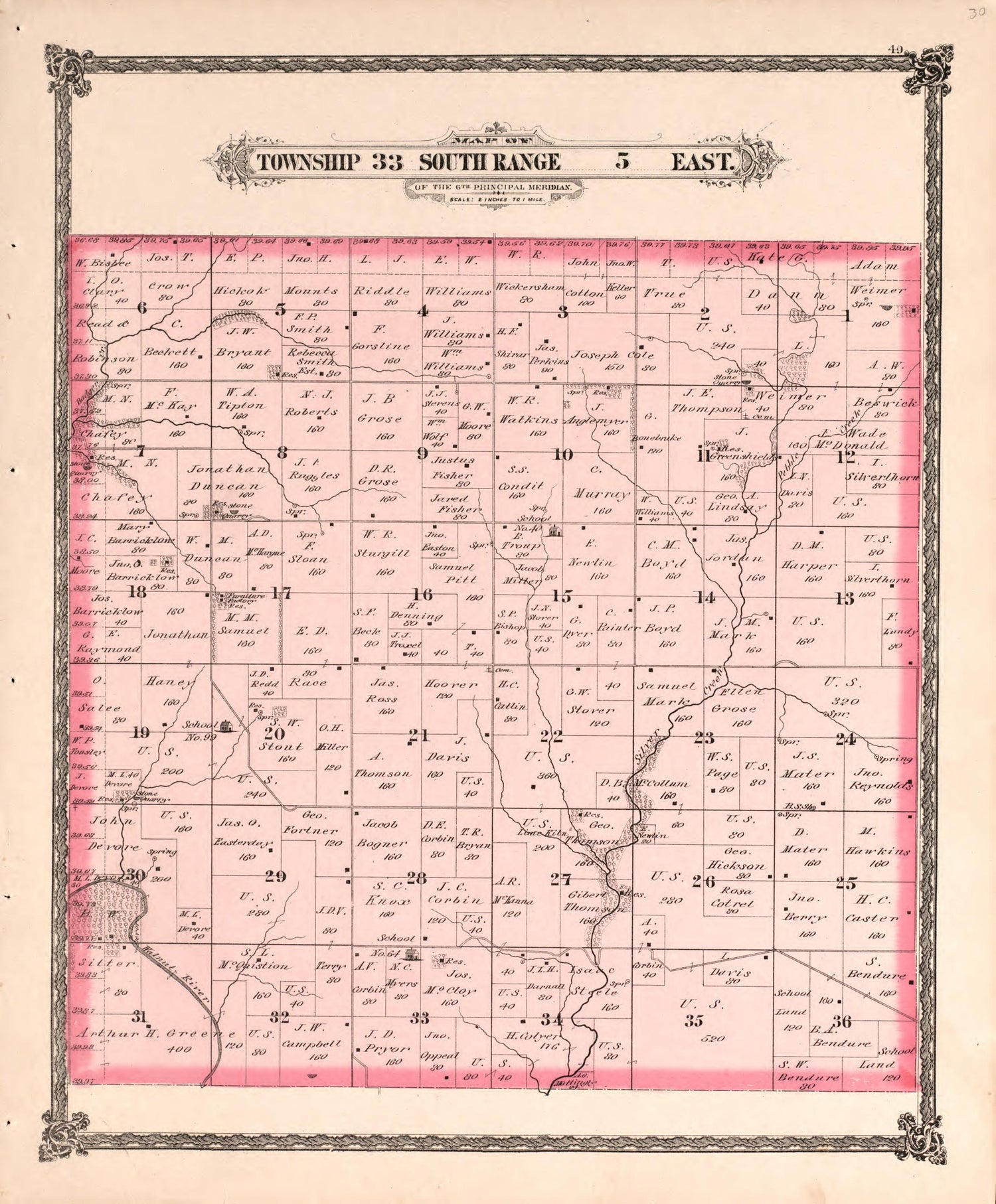 Township 33 South Range 5 East from Historical Atlas of Cowley County, Kansas 1882 by Relic Map Company