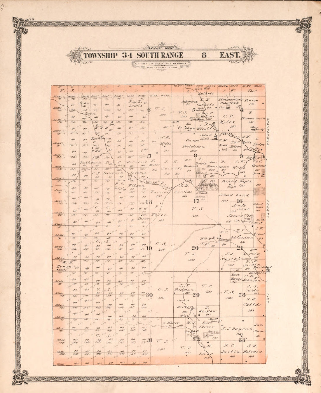 Township 34 South Range 8 East from Historical Atlas of Cowley County, Kansas 1882 by Relic Map Company