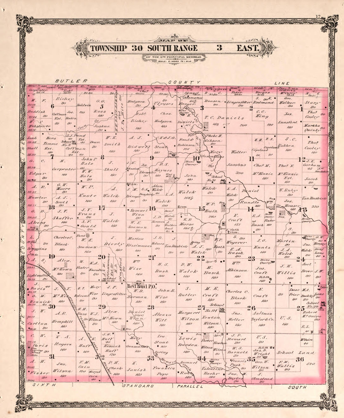 Township 30 South Range 3 East from Historical Atlas of Cowley County, Kansas 1882 by Relic Map Company