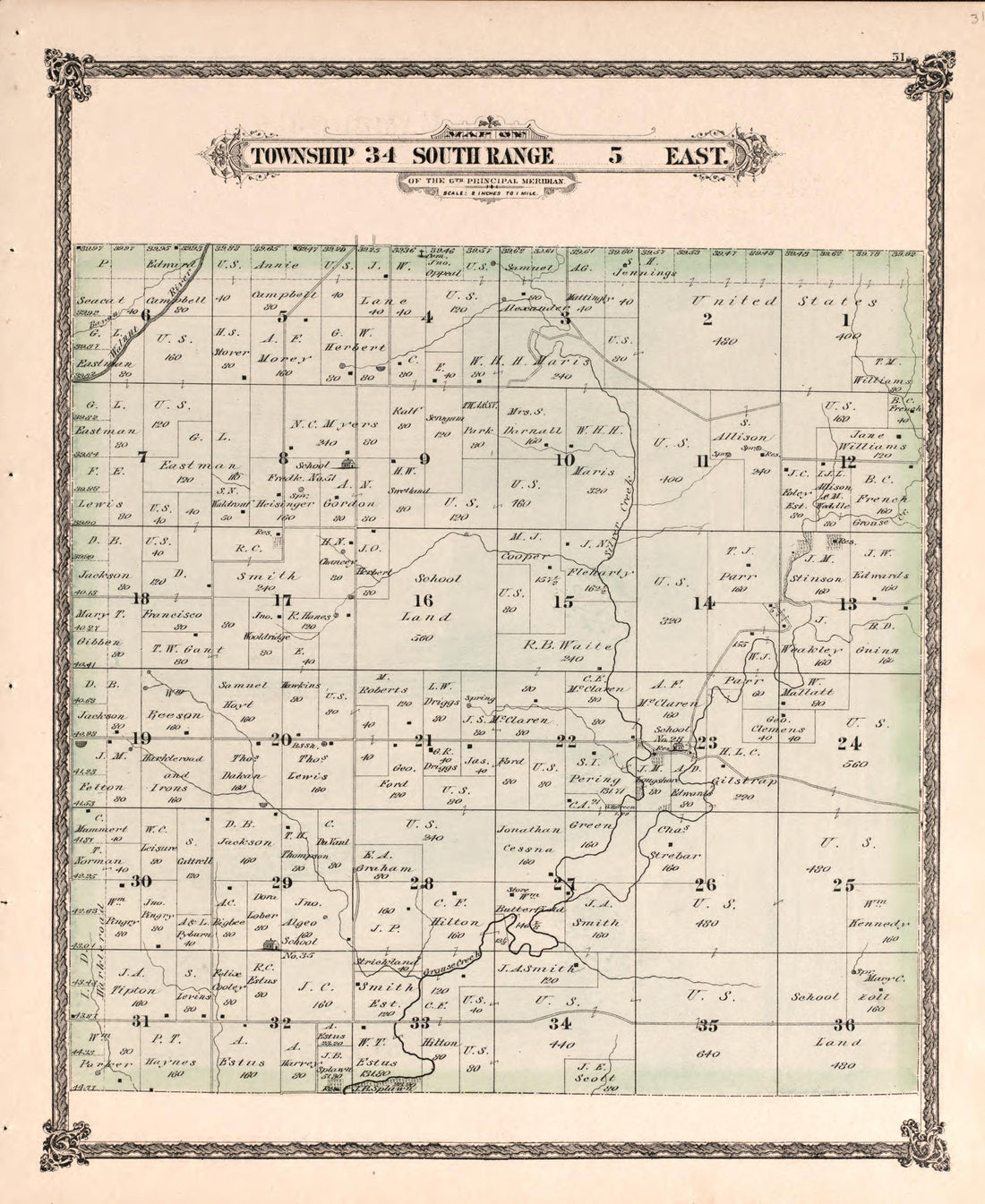 Township 34 South Range 5 East from Historical Atlas of Cowley County, Kansas 1882 by Relic Map Company