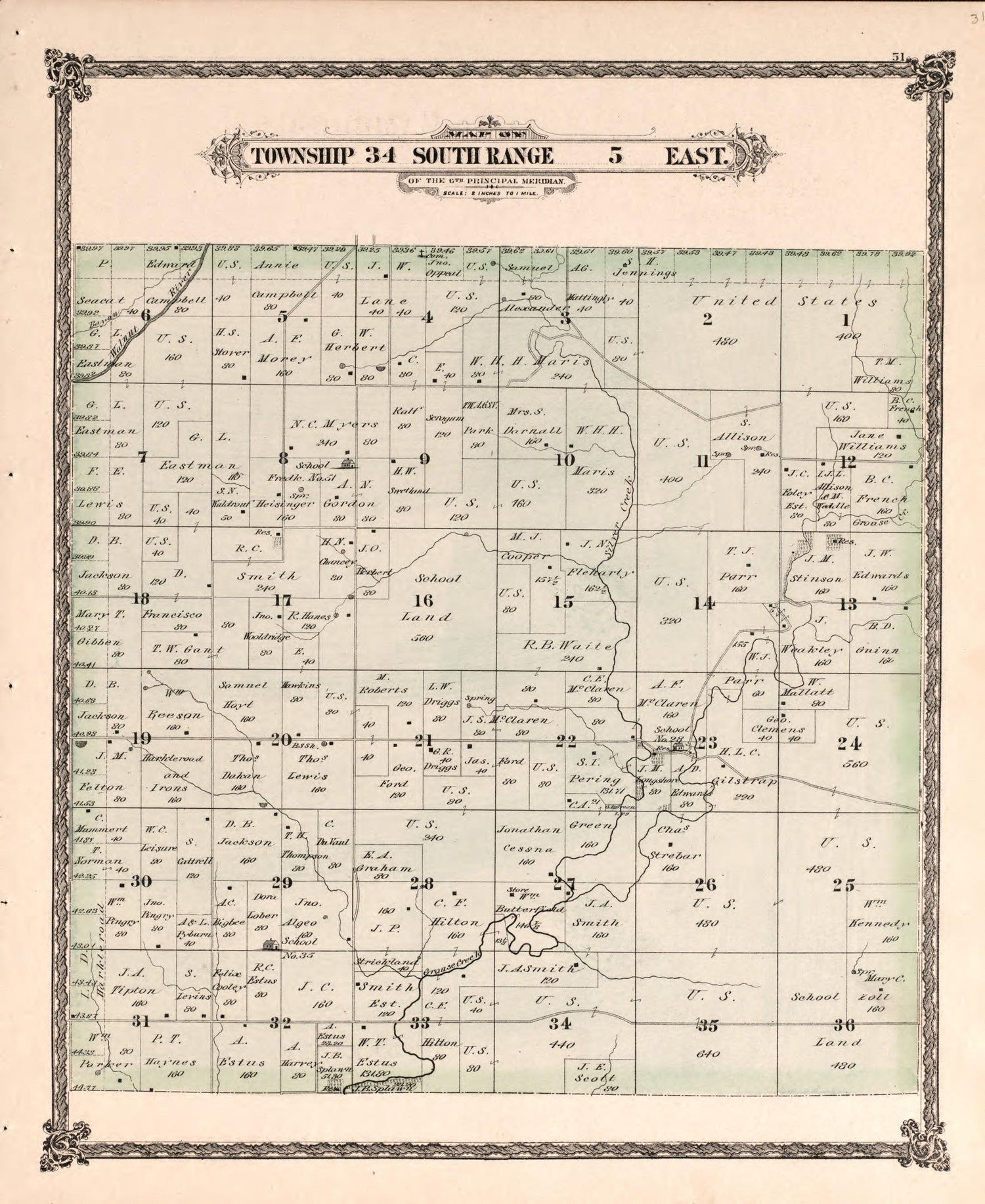 Township 34 South Range 5 East from Historical Atlas of Cowley County, Kansas 1882 by Relic Map Company