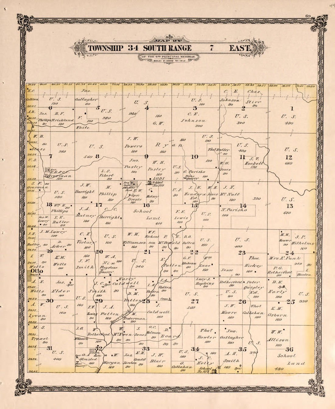 Township 34 South Range 7 East from Historical Atlas of Cowley County, Kansas 1882 by Relic Map Company