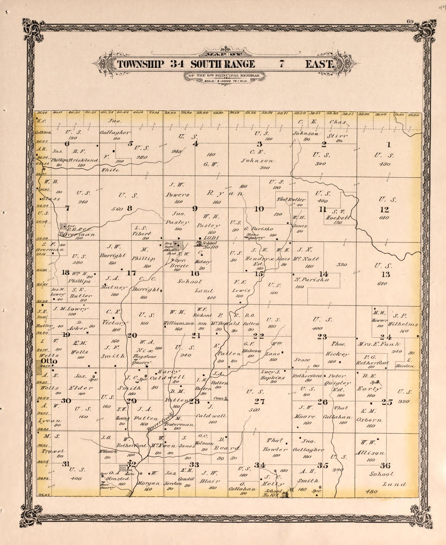Township 34 South Range 7 East from Historical Atlas of Cowley County, Kansas 1882 by Relic Map Company