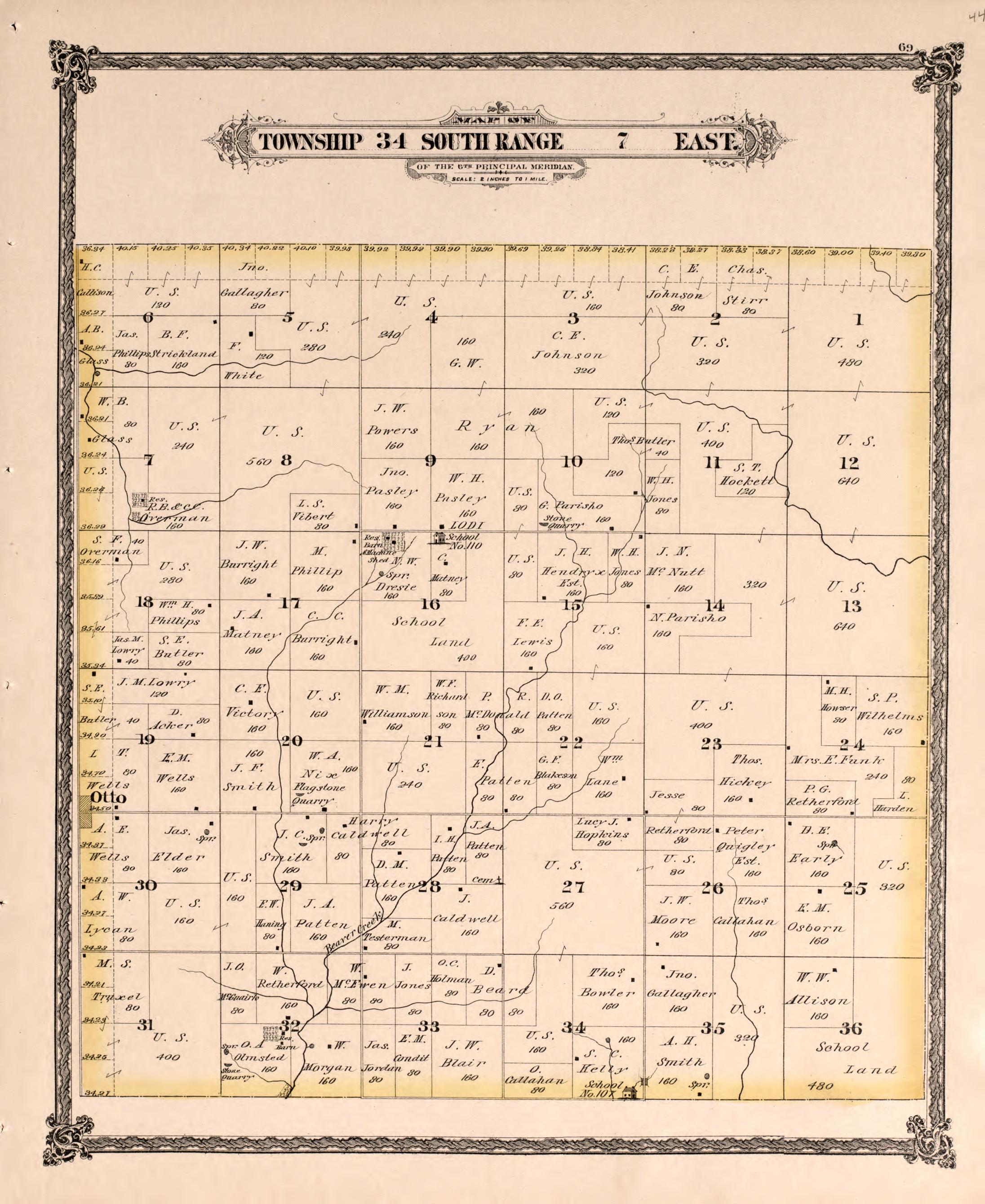 Township 34 South Range 7 East from Historical Atlas of Cowley County, Kansas 1882 by Relic Map Company