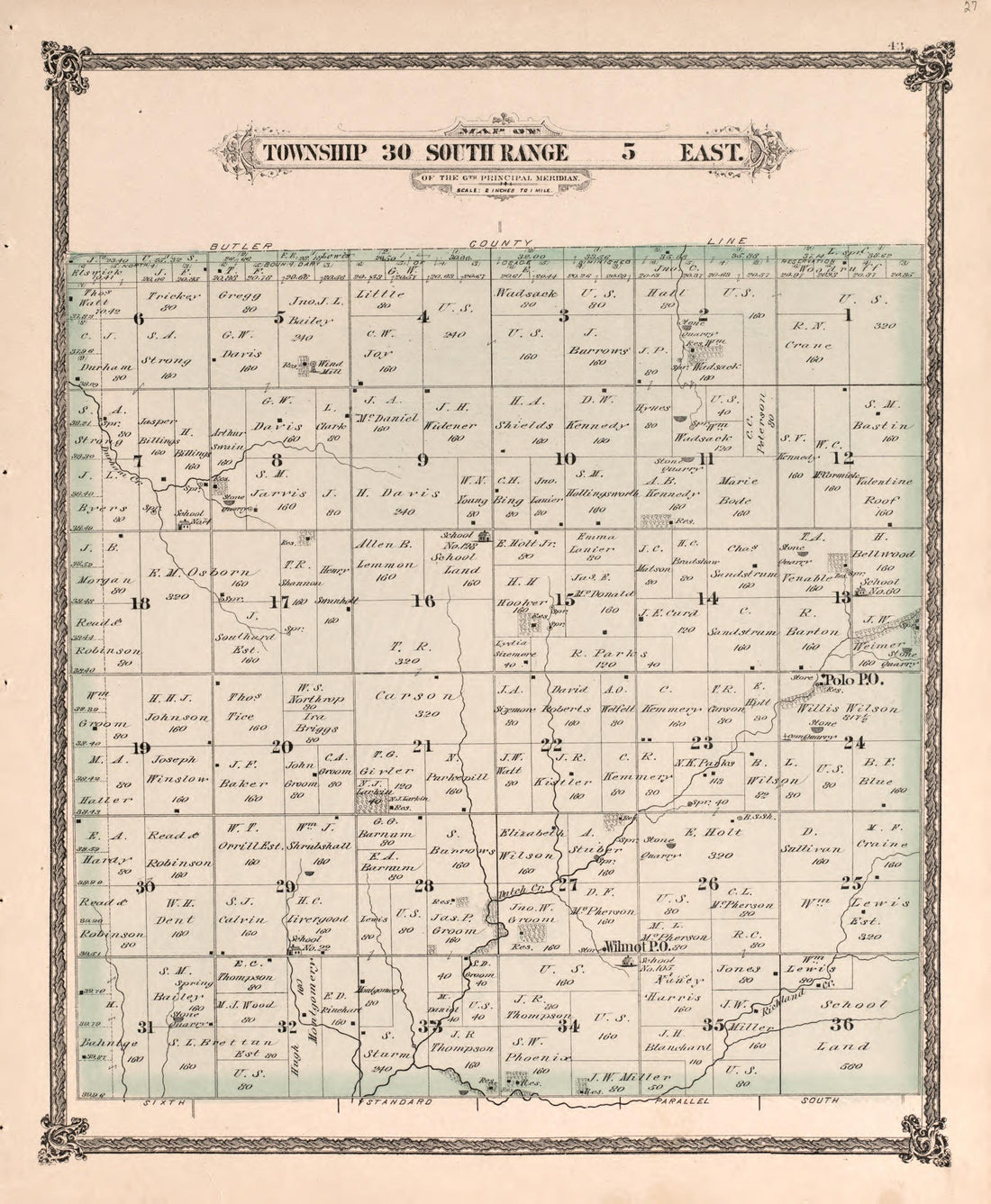Township 30 South Range 5 East from Historical Atlas of Cowley County, Kansas 1882 by Relic Map Company