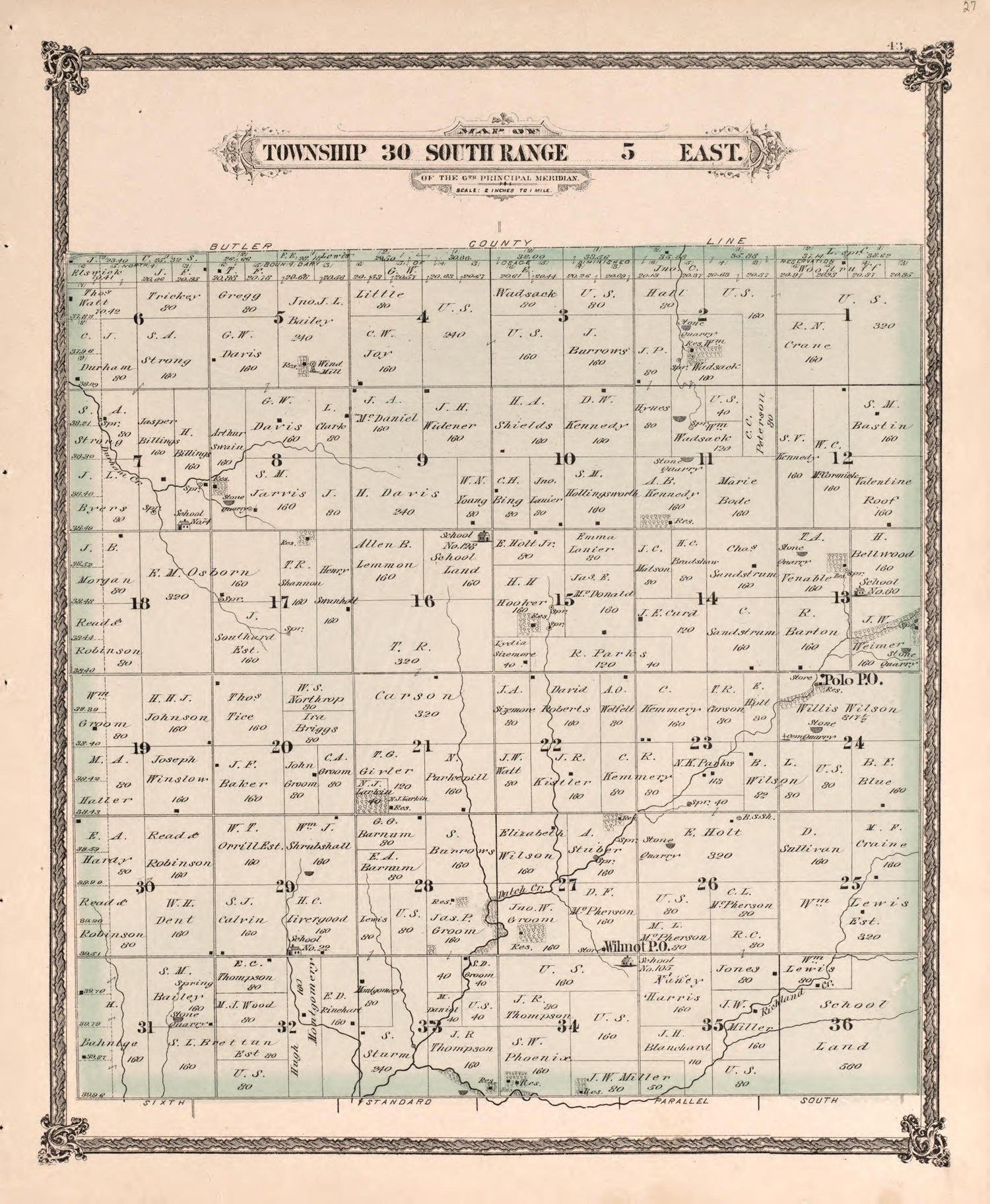 Township 30 South Range 5 East from Historical Atlas of Cowley County, Kansas 1882 by Relic Map Company
