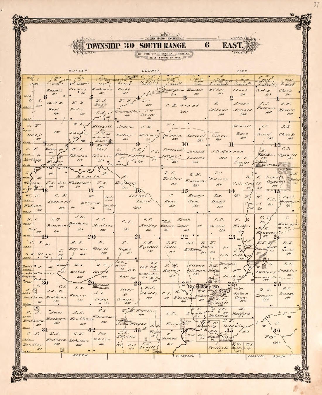 Township 30 South Range 6 East from Historical Atlas of Cowley County, Kansas 1882 by Relic Map Company