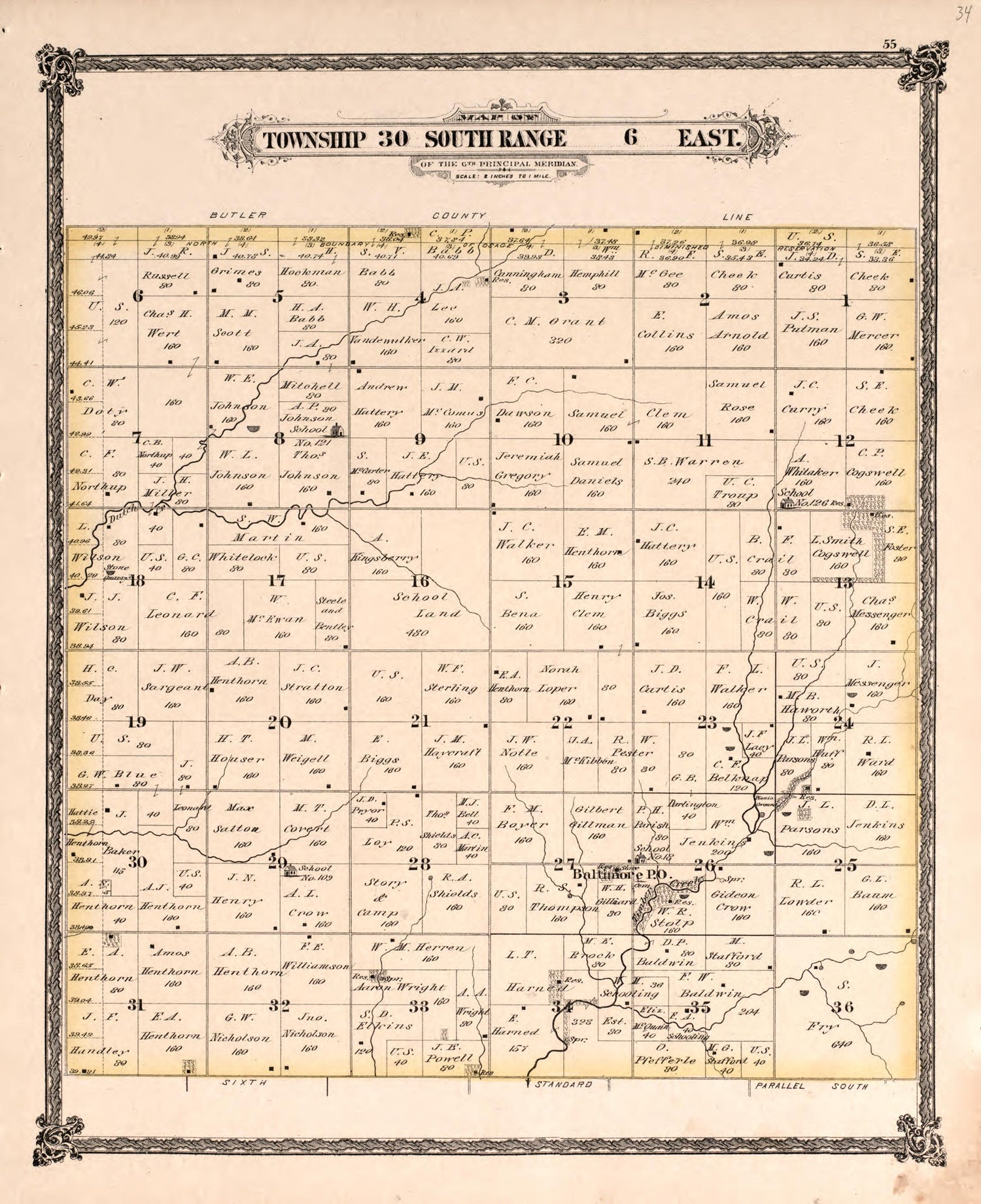 Township 30 South Range 6 East from Historical Atlas of Cowley County, Kansas 1882 by Relic Map Company