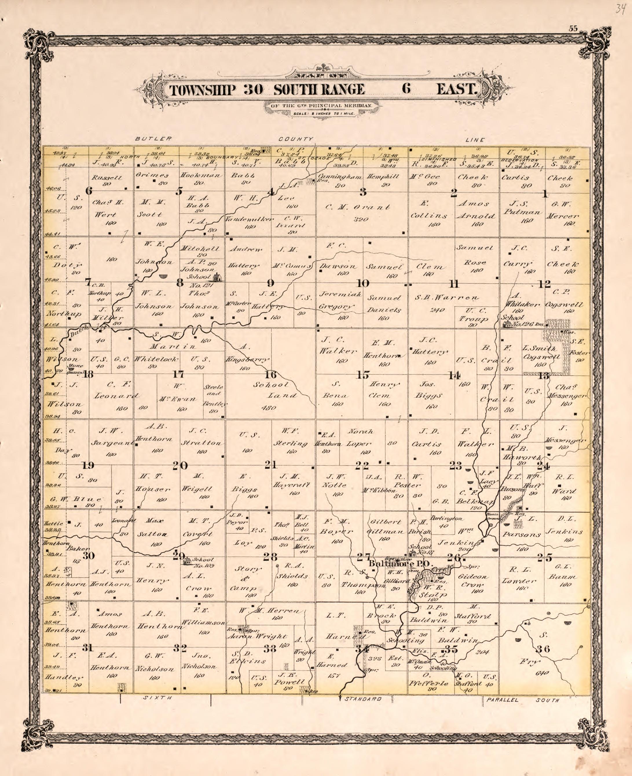 Township 30 South Range 6 East from Historical Atlas of Cowley County, Kansas 1882 by Relic Map Company