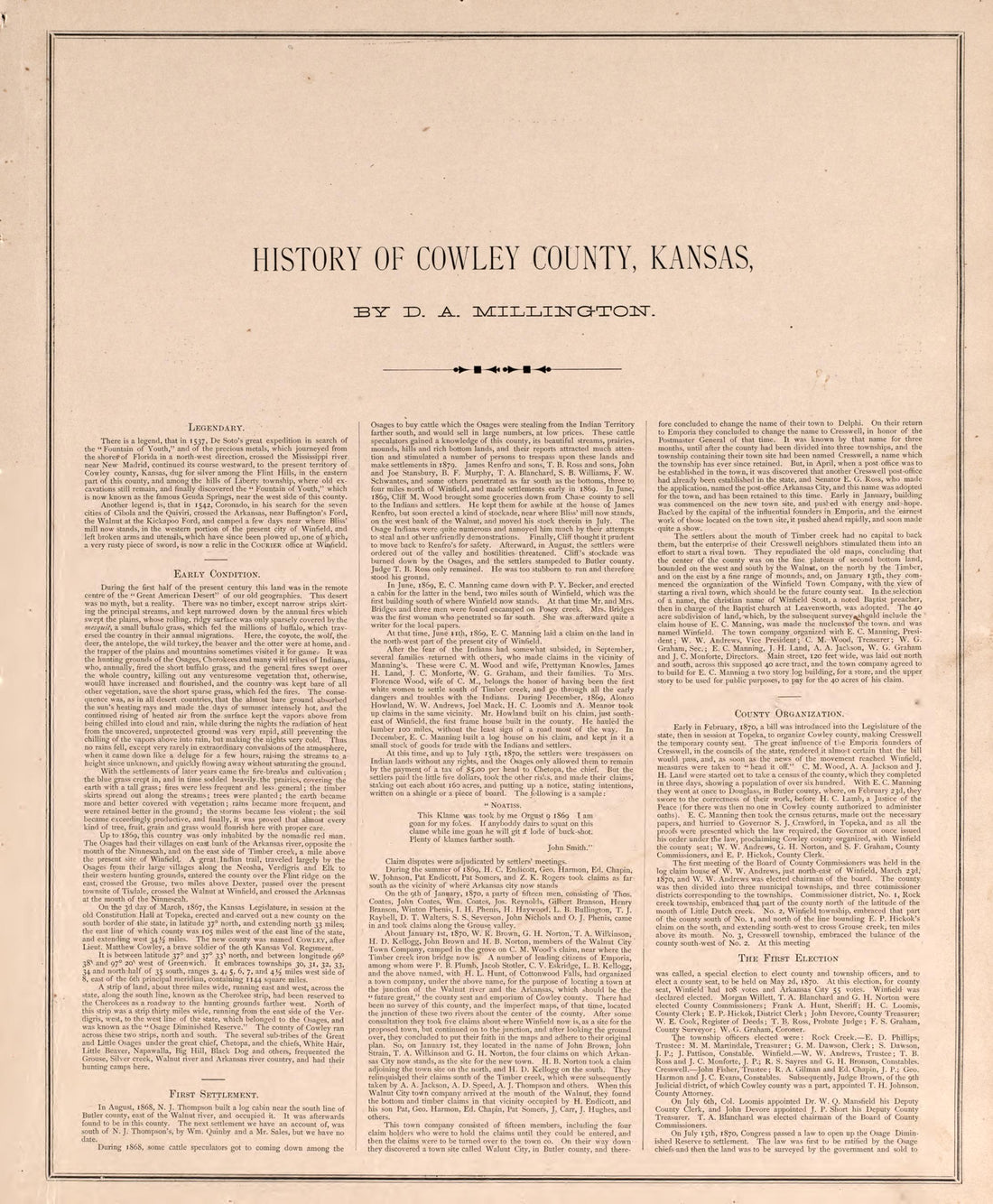 History of Crowley County, P. 1 from Historical Atlas of Cowley County, Kansas 1882 by Relic Map Company