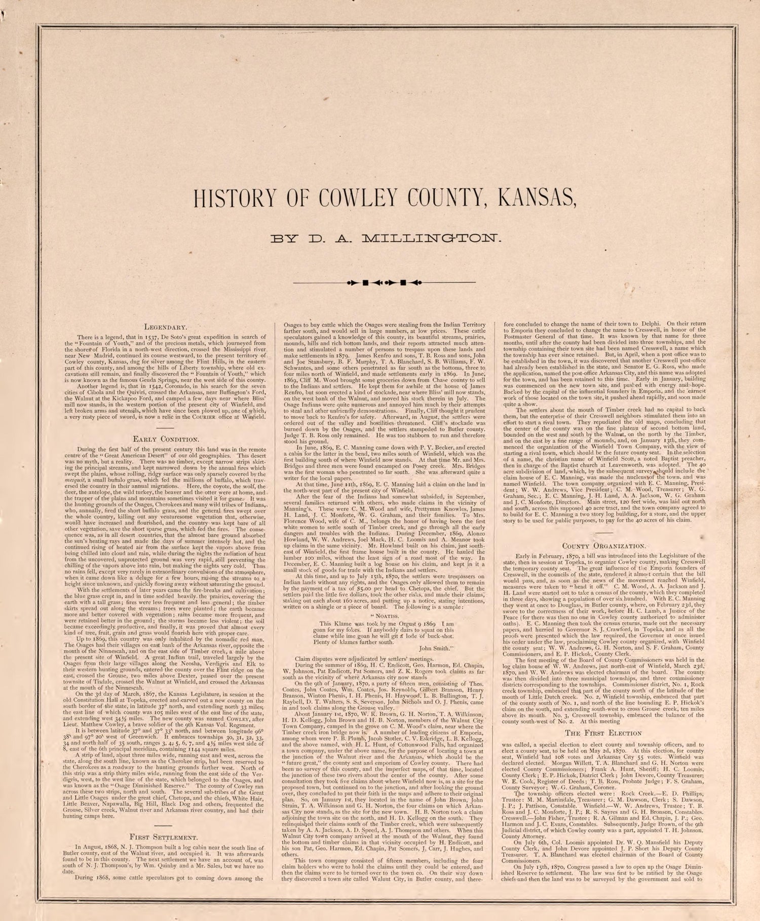 History of Crowley County, P. 1 from Historical Atlas of Cowley County, Kansas 1882 by Relic Map Company