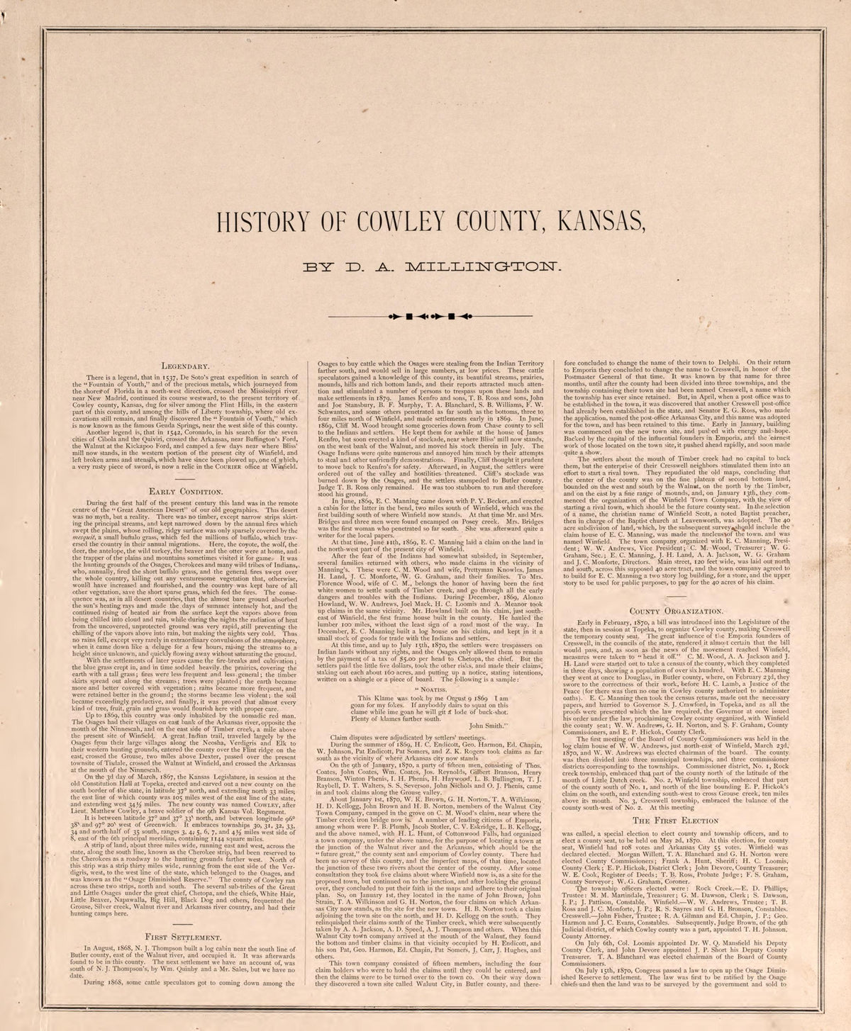 History of Crowley County, P. 1 from Historical Atlas of Cowley County, Kansas 1882 by Relic Map Company