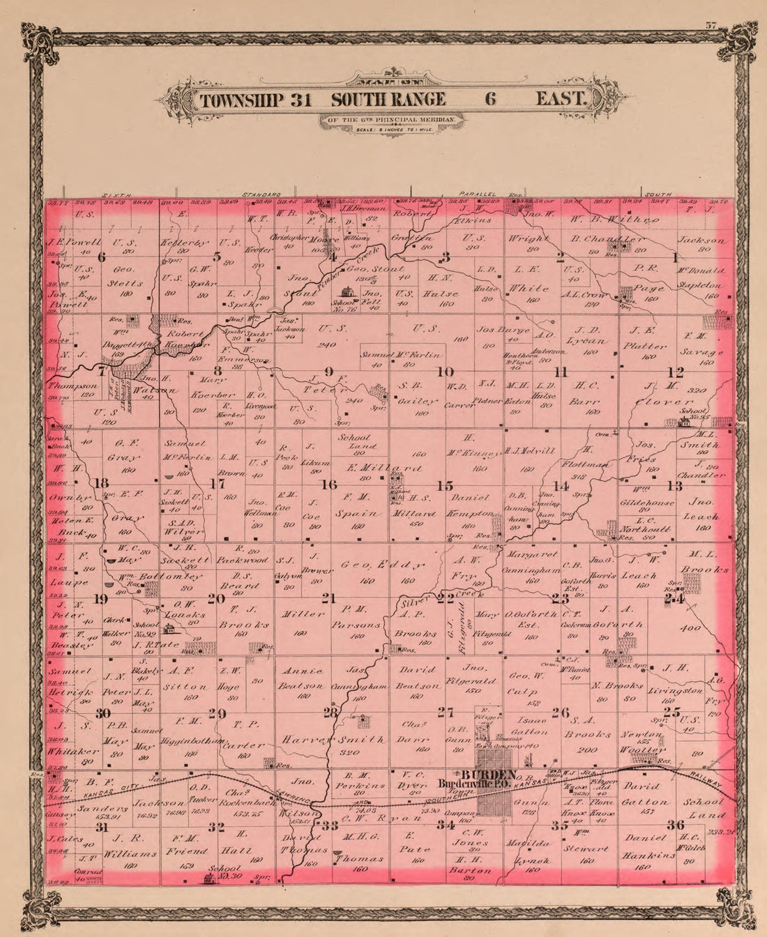 Township 31 South Range 6 East from Historical Atlas of Cowley County, Kansas 1882 by Relic Map Company