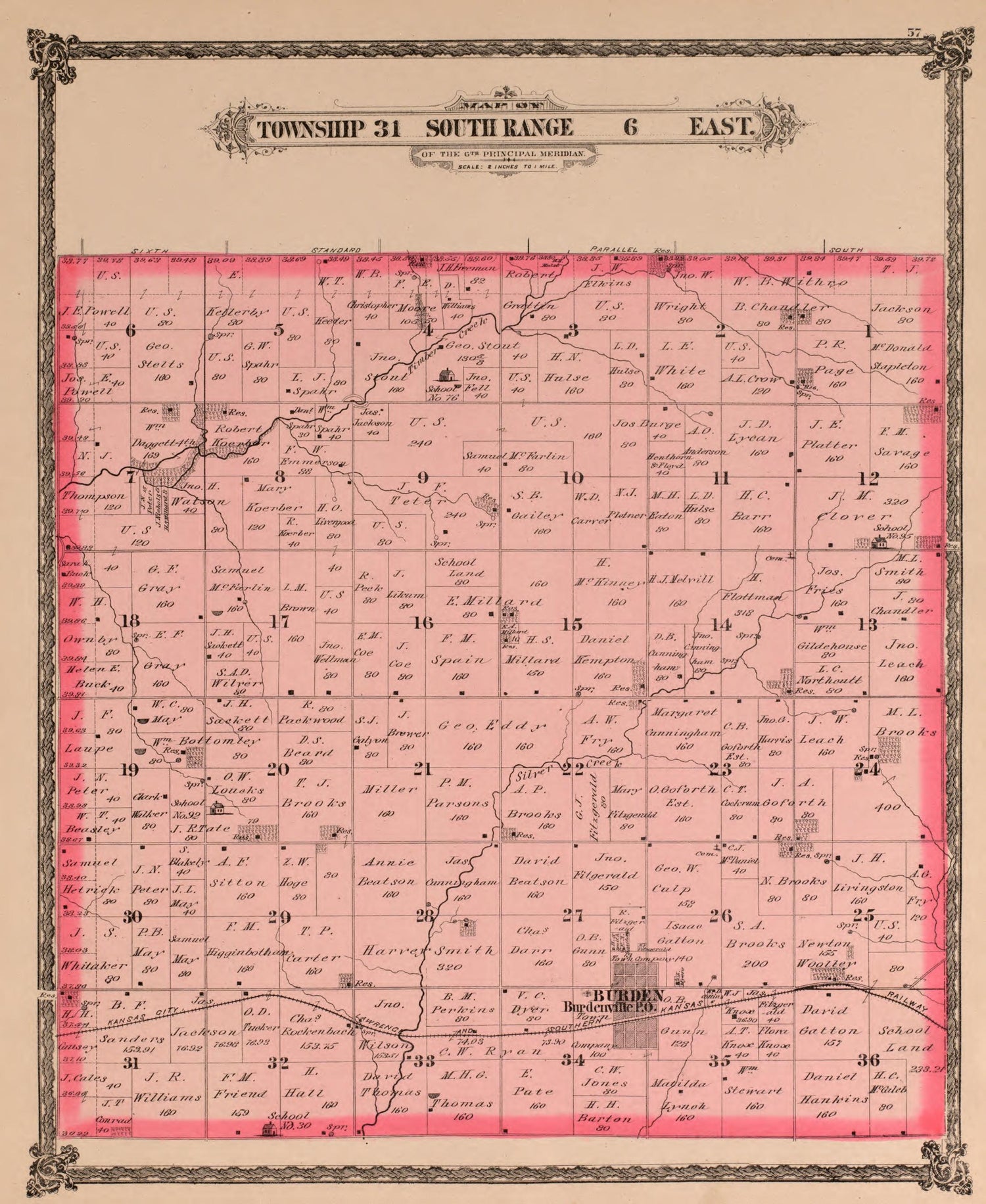 Township 31 South Range 6 East from Historical Atlas of Cowley County, Kansas 1882 by Relic Map Company