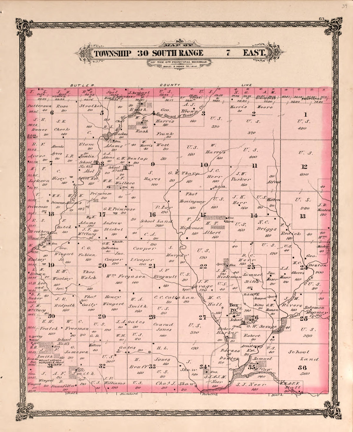 Township 30 South Range 7 East from Historical Atlas of Cowley County, Kansas 1882 by Relic Map Company