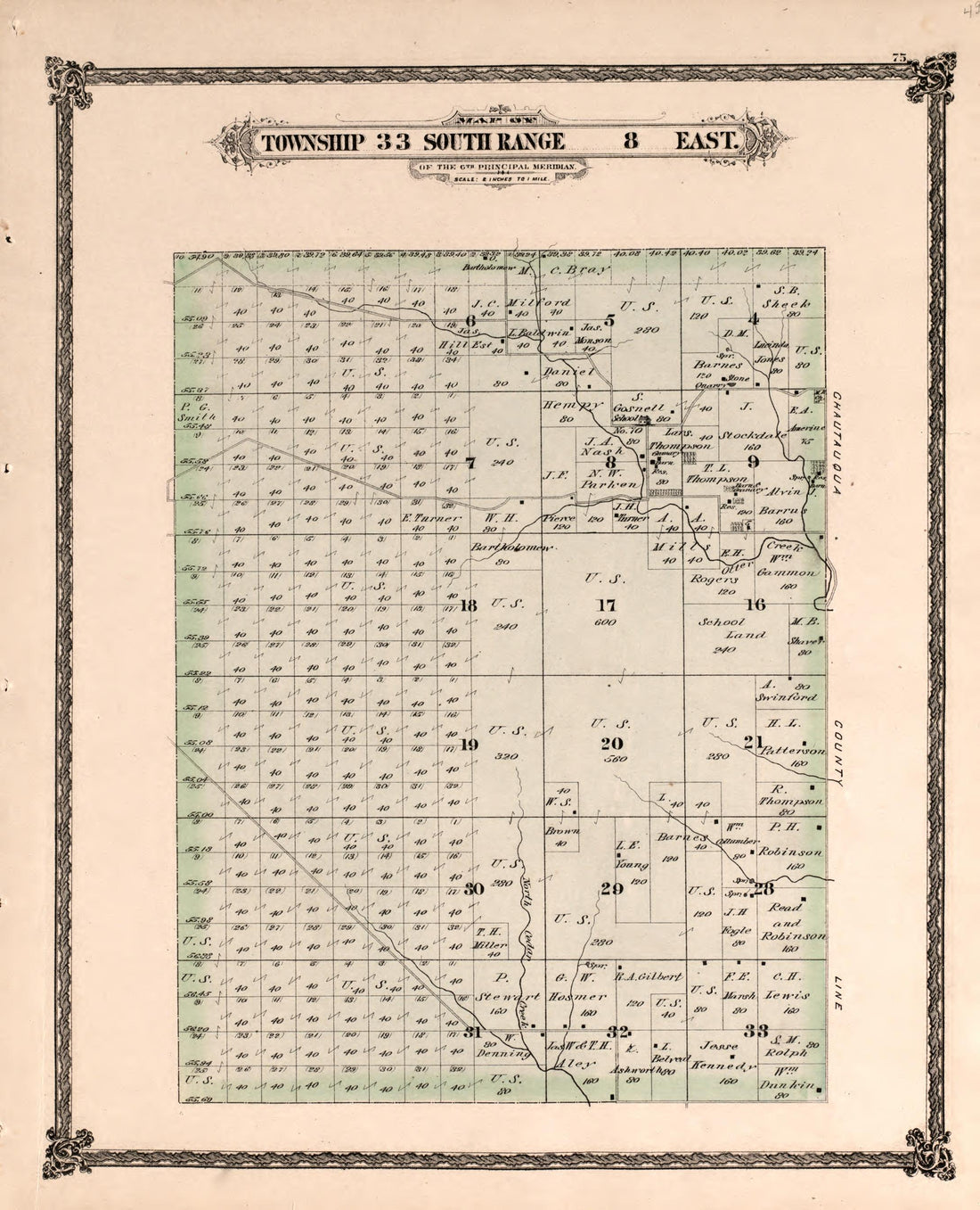 Township 33 South Range 8 East from Historical Atlas of Cowley County, Kansas 1882 by Relic Map Company