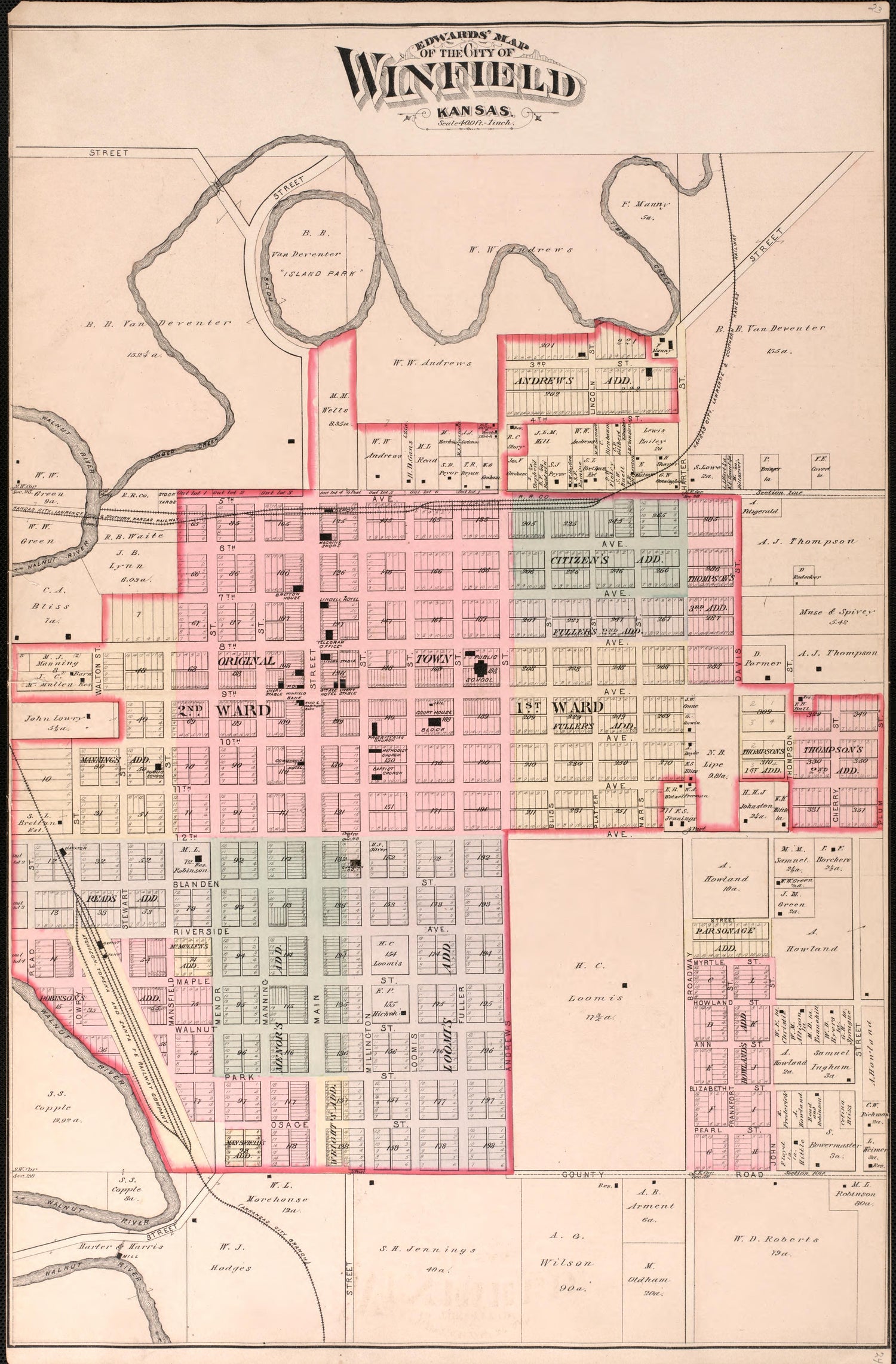 Winfield, Kansas from Historical Atlas of Cowley County, Kansas 1882 by Relic Map Company
