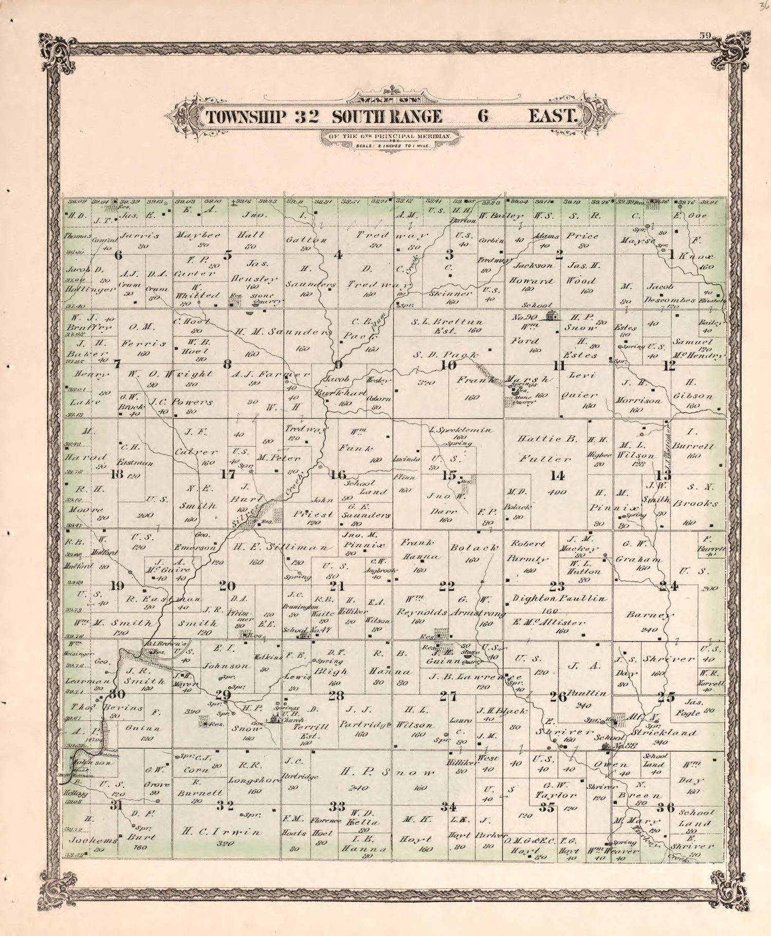 Township 32 South Range 6 East from Historical Atlas of Cowley County, Kansas 1882 by Relic Map Company