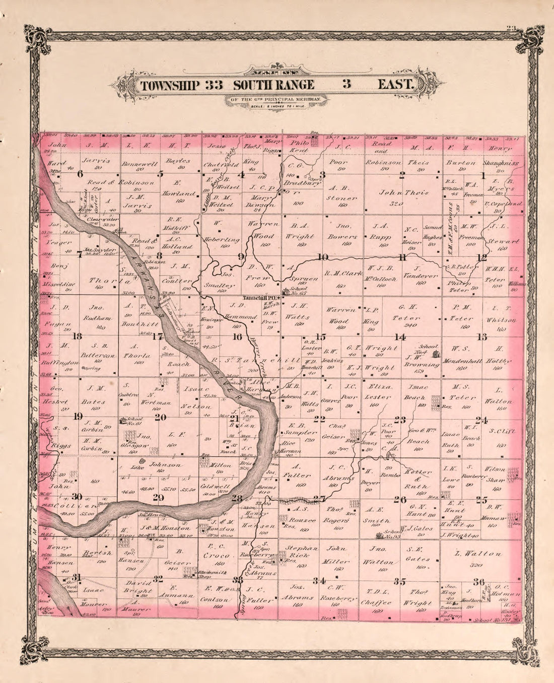 Township 33 South Range 3 East from Historical Atlas of Cowley County, Kansas 1882 by Relic Map Company