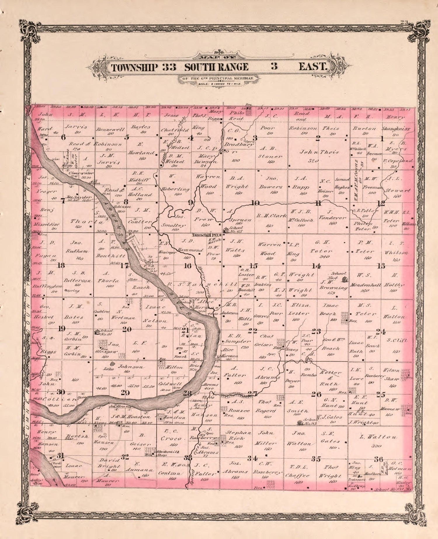 Township 33 South Range 3 East from Historical Atlas of Cowley County, Kansas 1882 by Relic Map Company
