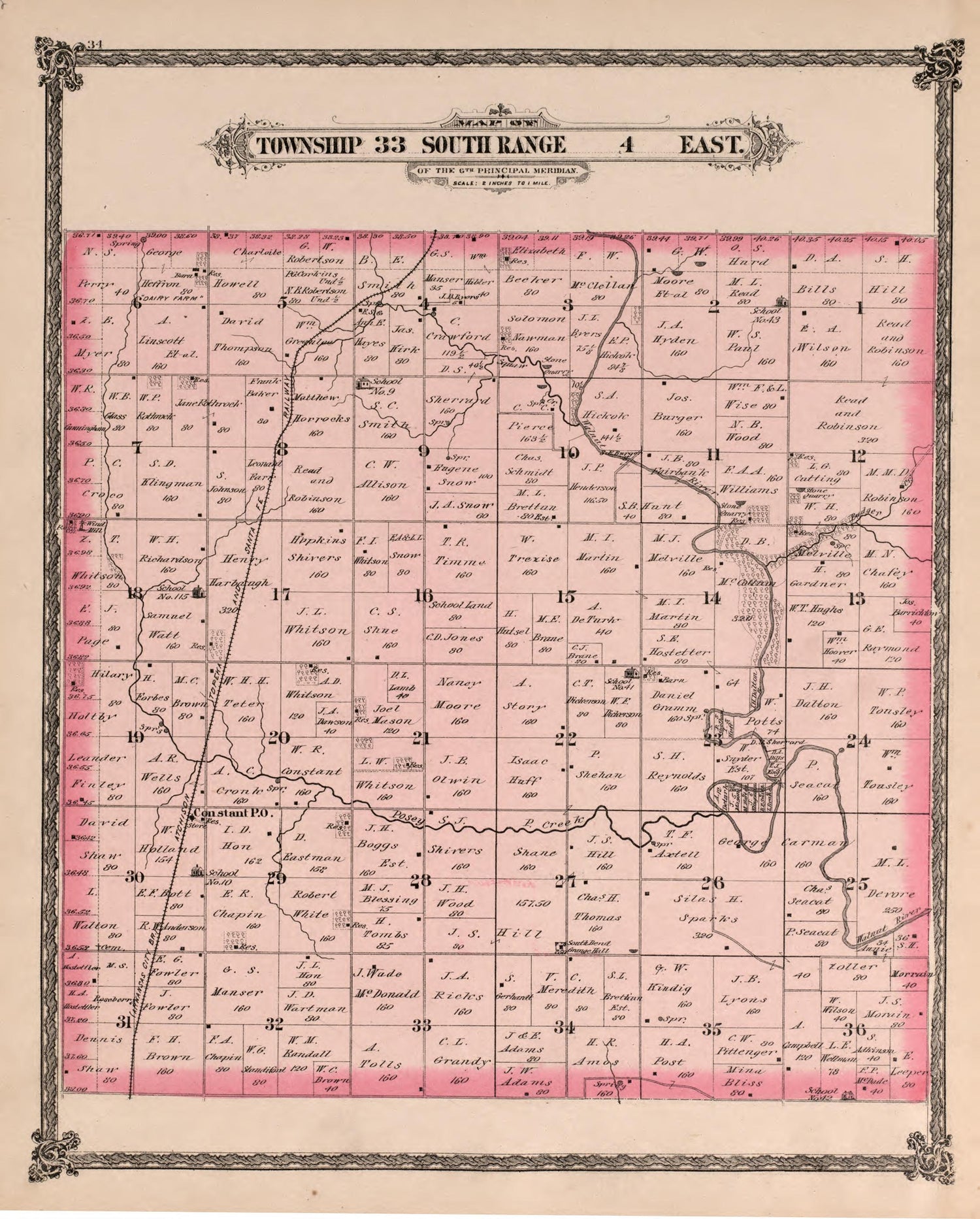 Township 33 South Range 4 East from Historical Atlas of Cowley County, Kansas 1882 by Relic Map Company