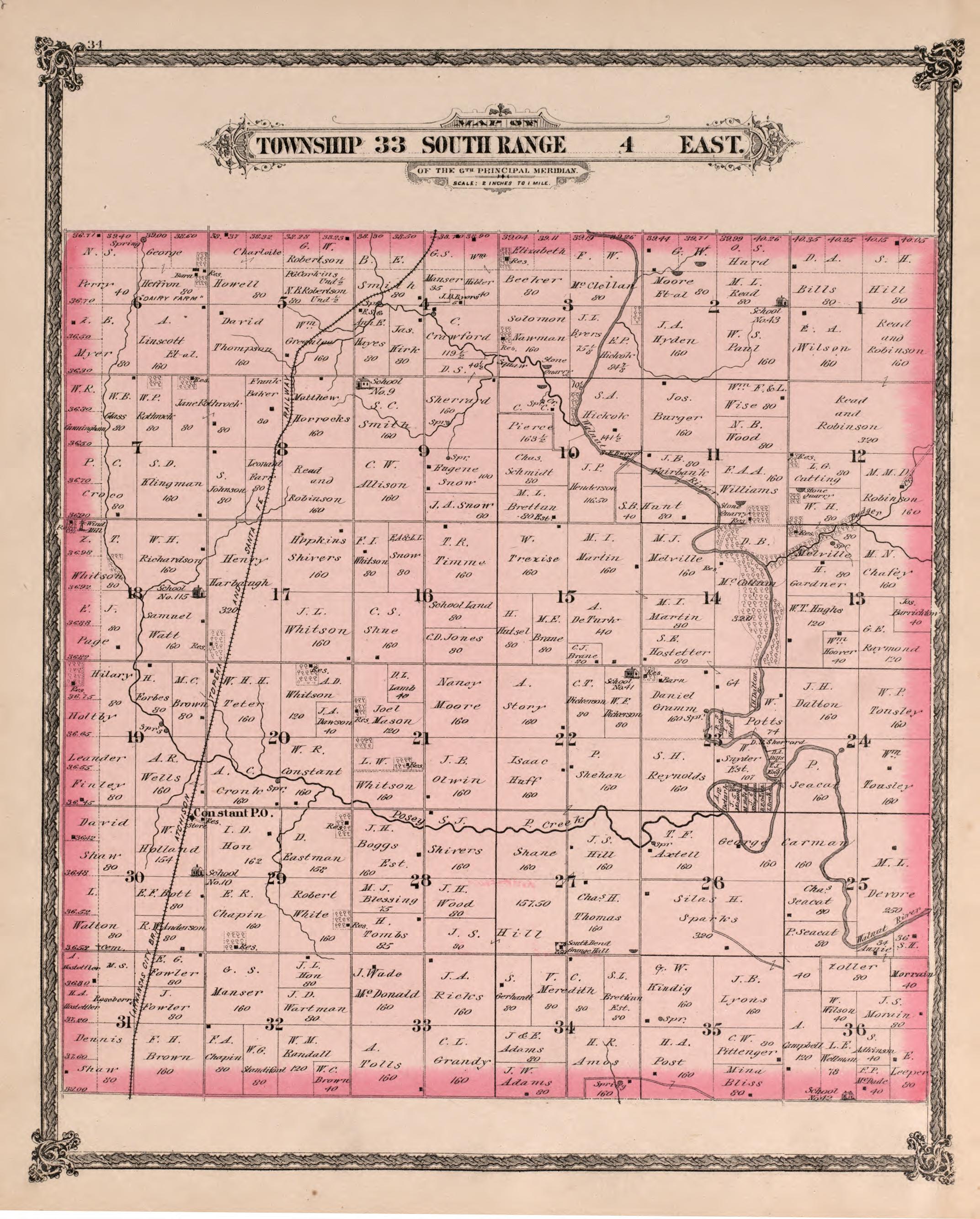 Township 33 South Range 4 East from Historical Atlas of Cowley County, Kansas 1882 by Relic Map Company