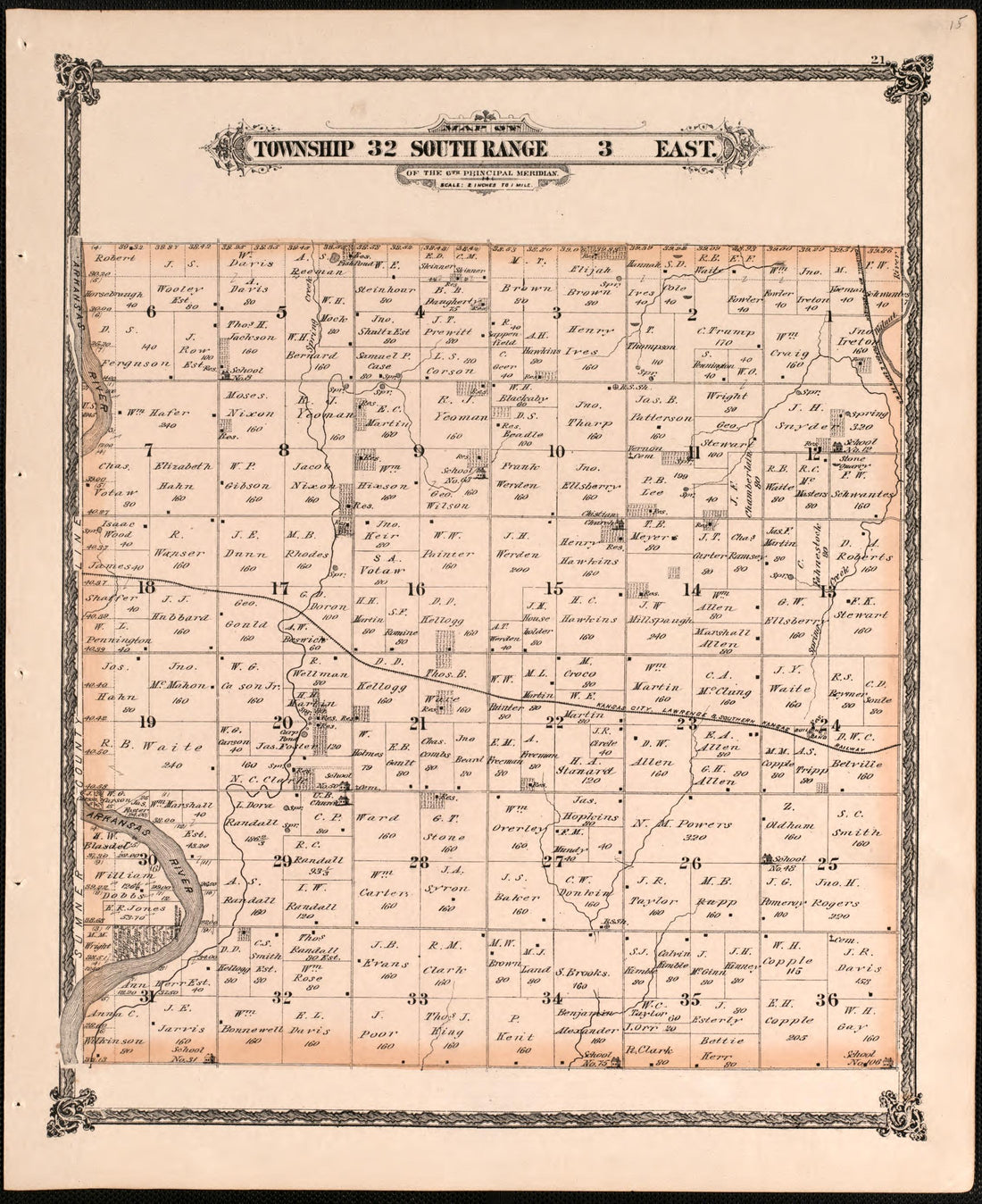 Township 32 South Range 3 East from Historical Atlas of Cowley County, Kansas 1882 by Relic Map Company