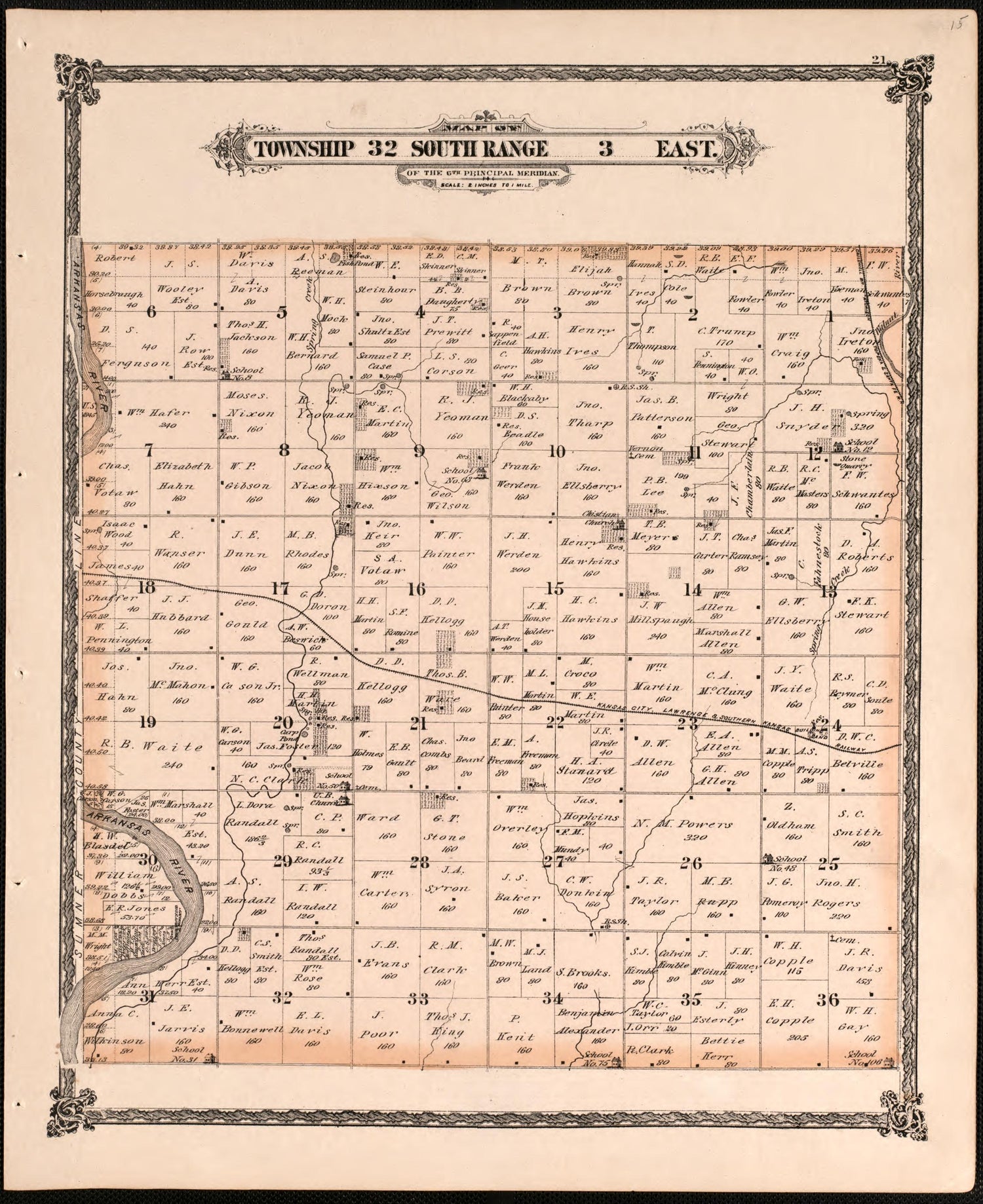 Township 32 South Range 3 East from Historical Atlas of Cowley County, Kansas 1882 by Relic Map Company