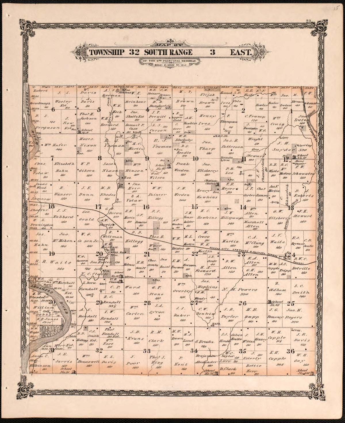 Township 32 South Range 3 East from Historical Atlas of Cowley County, Kansas 1882 by Relic Map Company