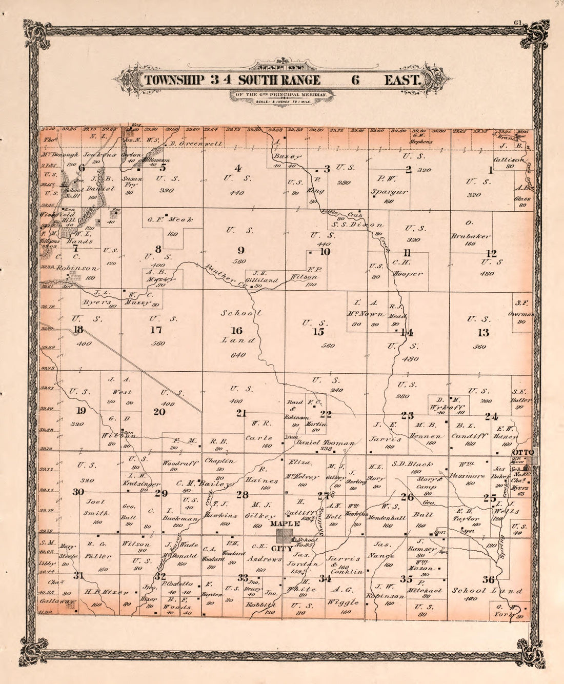 Township 34 South Range 6 East from Historical Atlas of Cowley County, Kansas 1882 by Relic Map Company