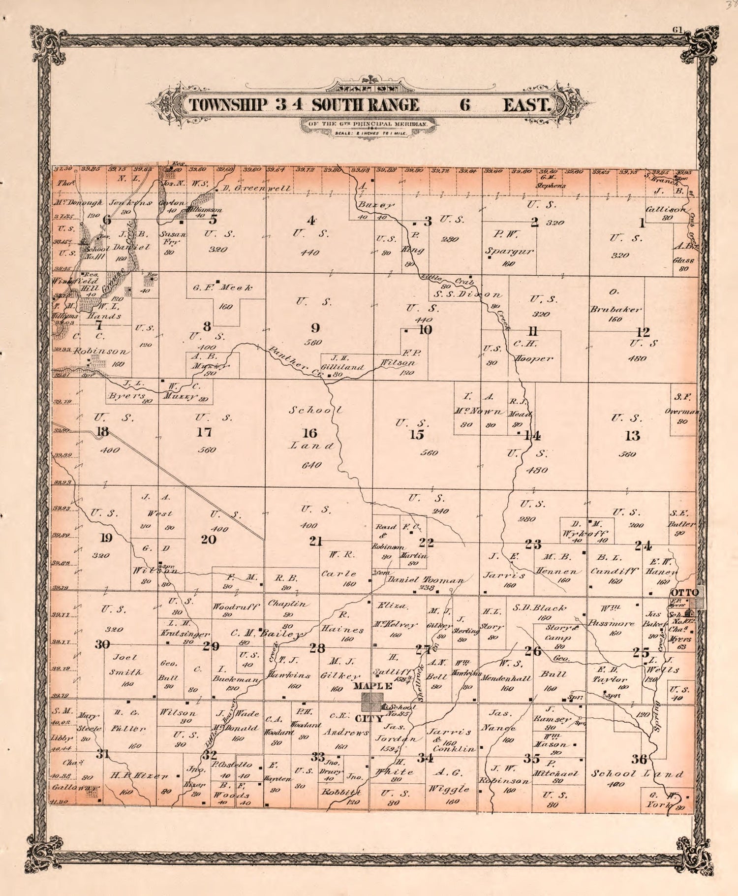 Township 34 South Range 6 East from Historical Atlas of Cowley County, Kansas 1882 by Relic Map Company