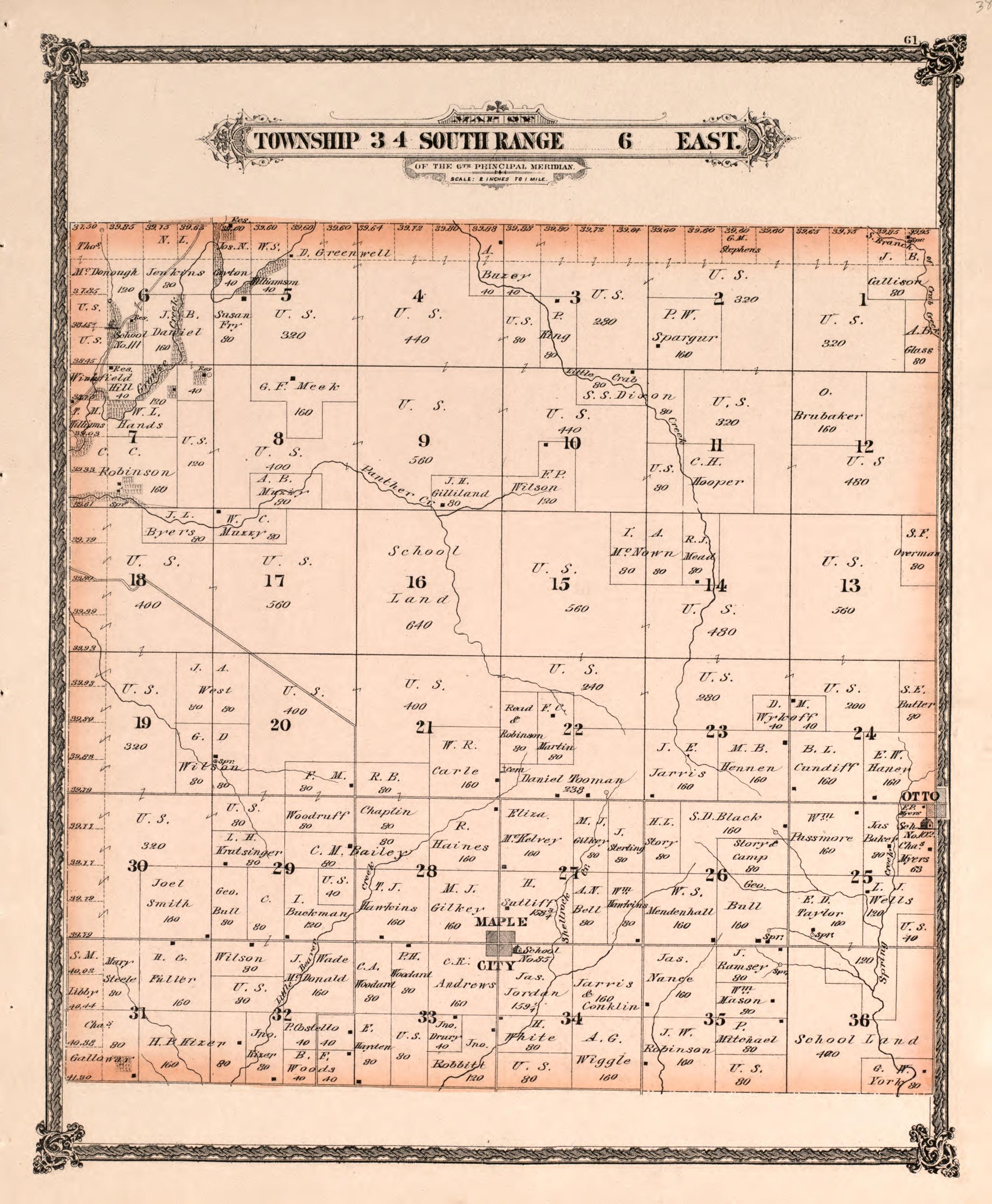 Township 34 South Range 6 East from Historical Atlas of Cowley County, Kansas 1882 by Relic Map Company